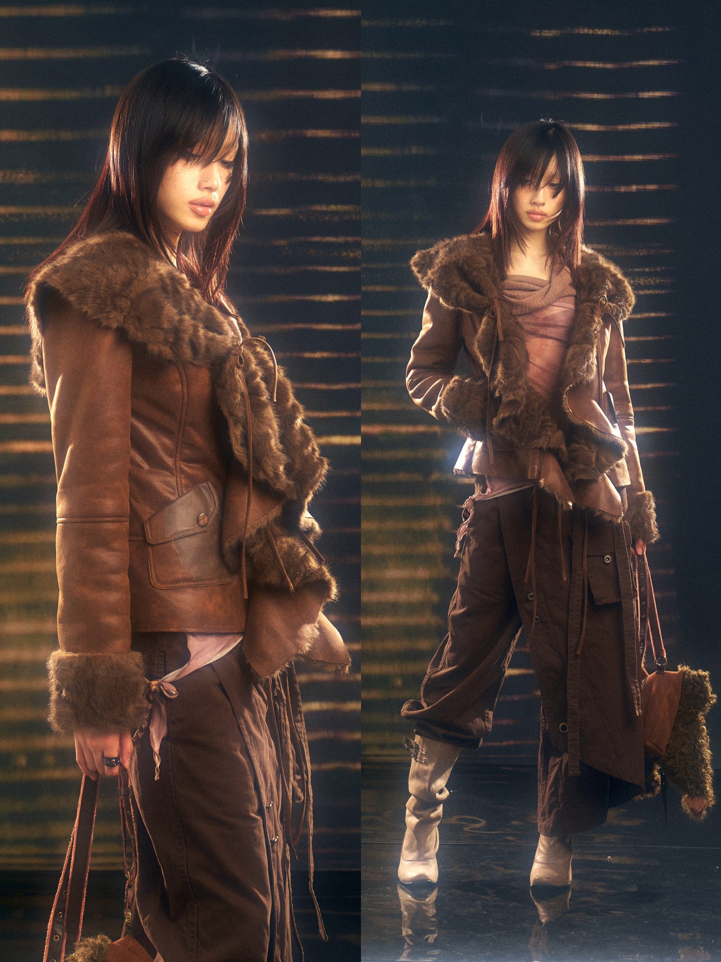Warm fur-lined coat with a large lapel