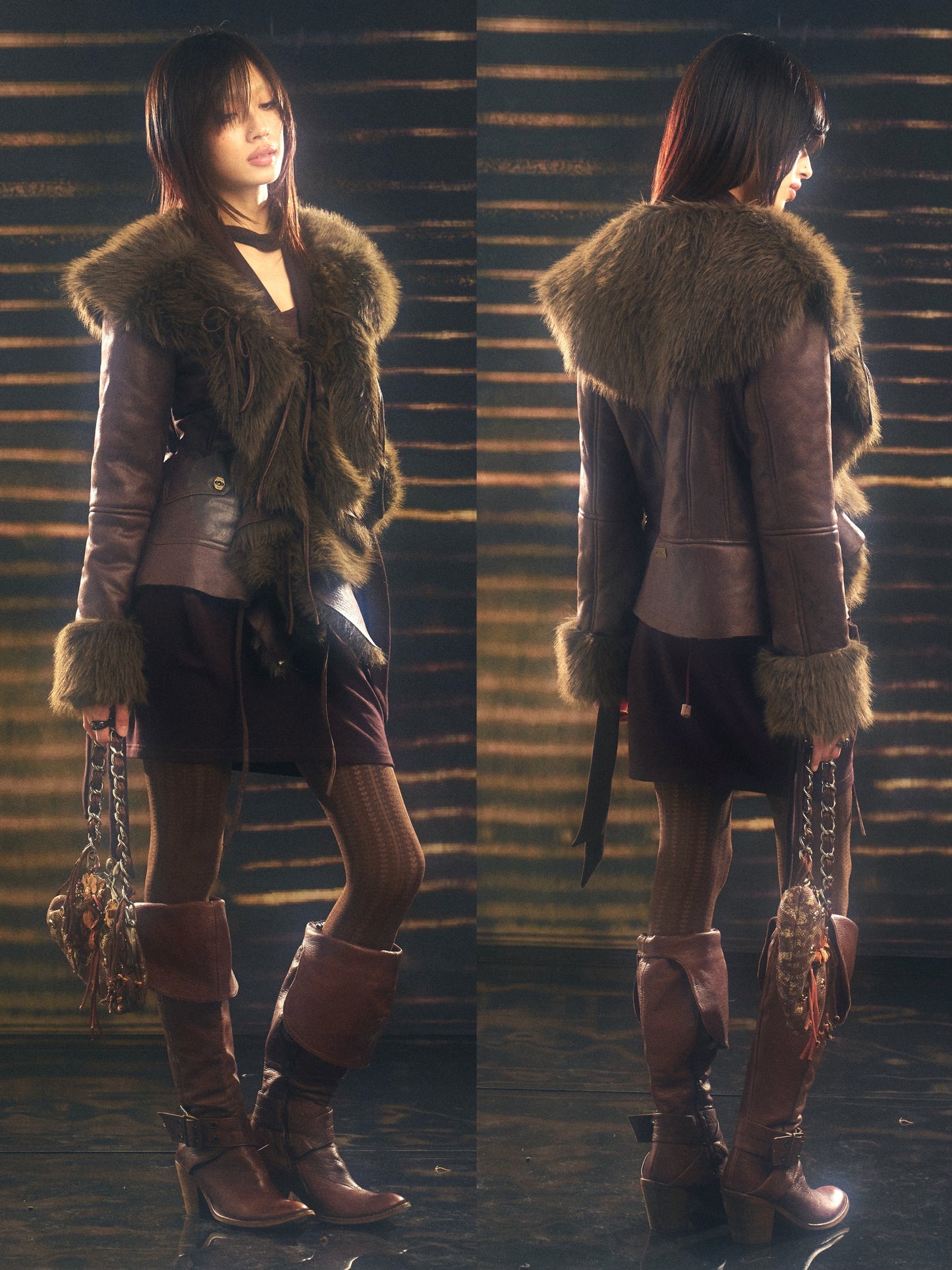 Warm fur-lined coat with a large lapel