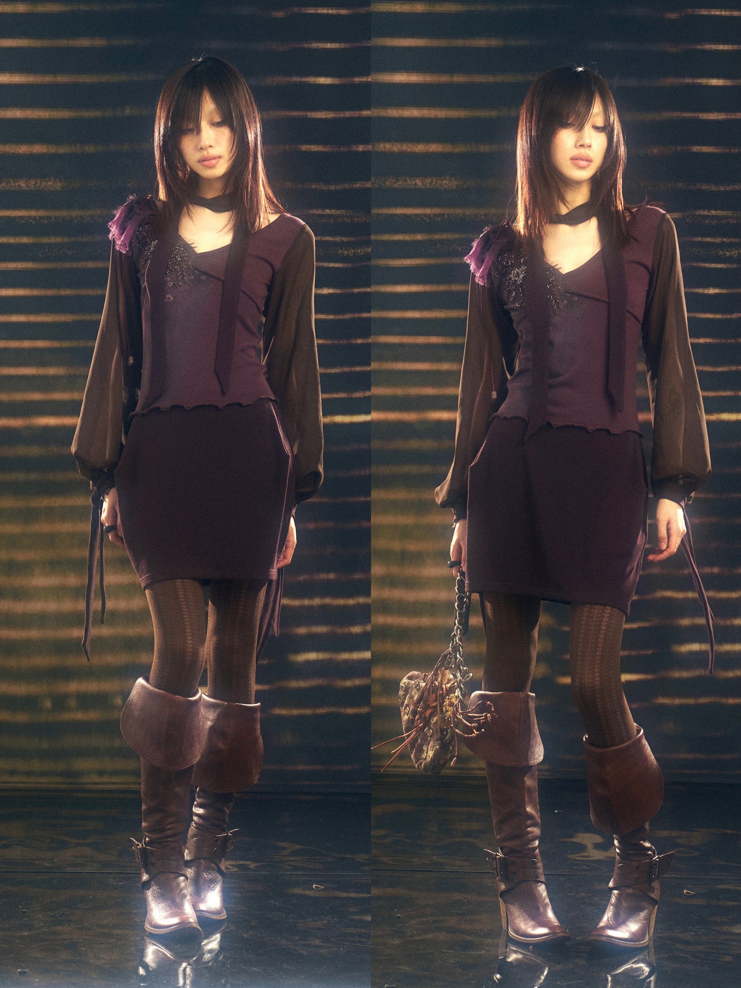 Printed knit and mesh patchwork dress