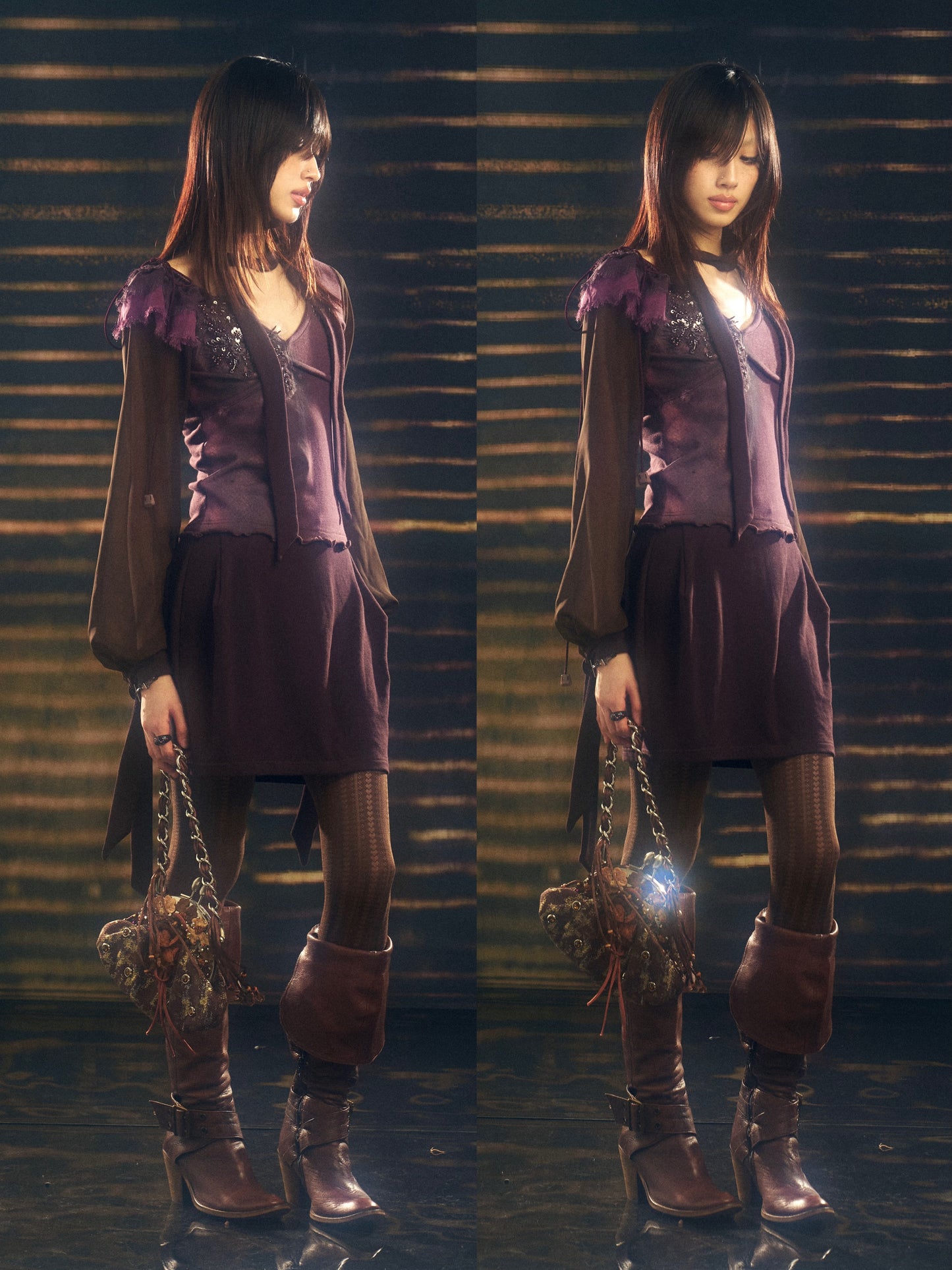 Printed knit and mesh patchwork dress