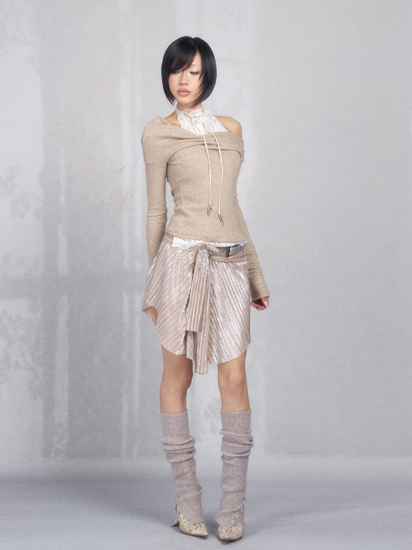 Metallic Asymmetric Ruched Skirt with Rhinestones (Belt Included)