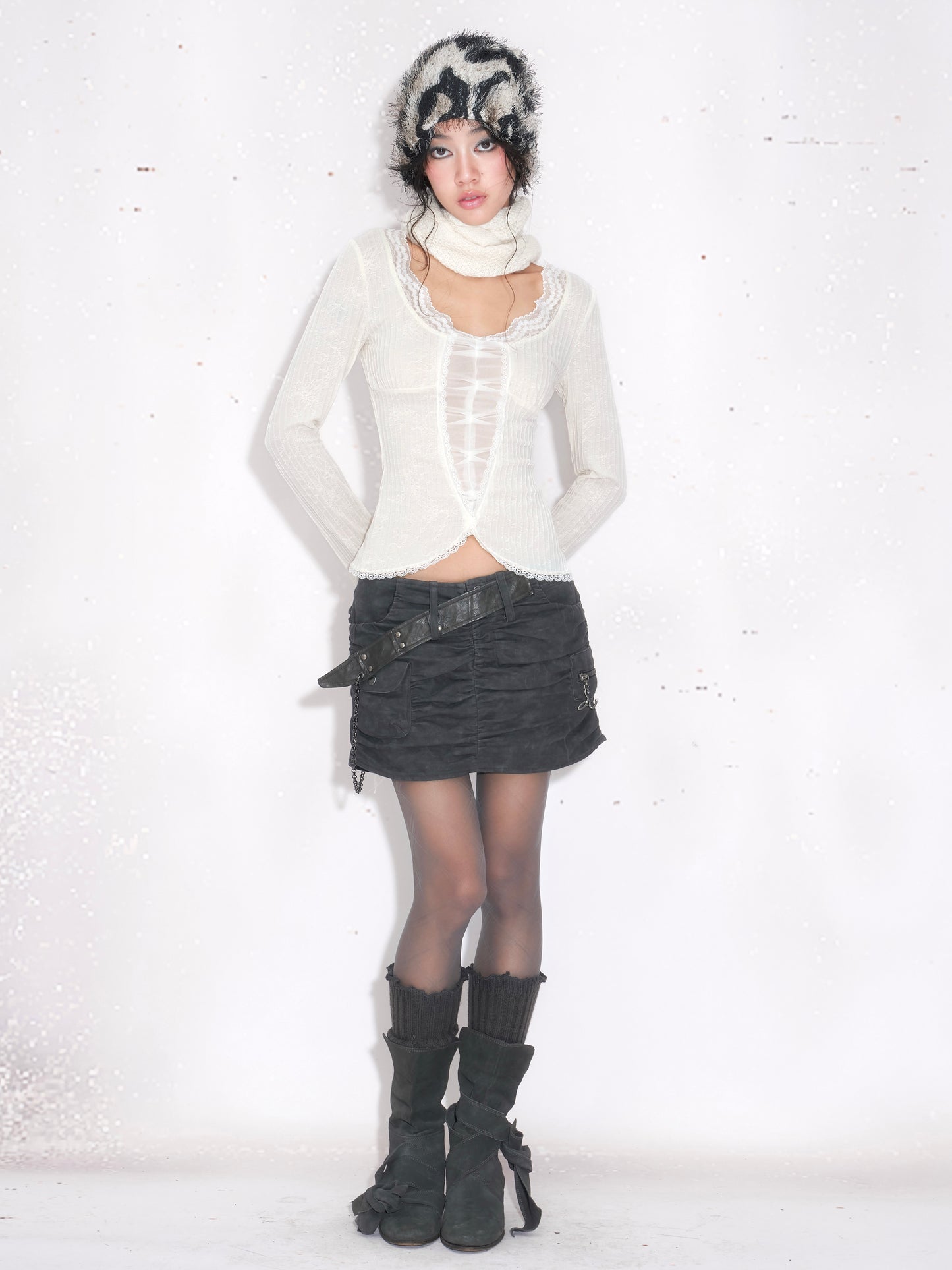 Ruched Skirt with Waist Belt Chain