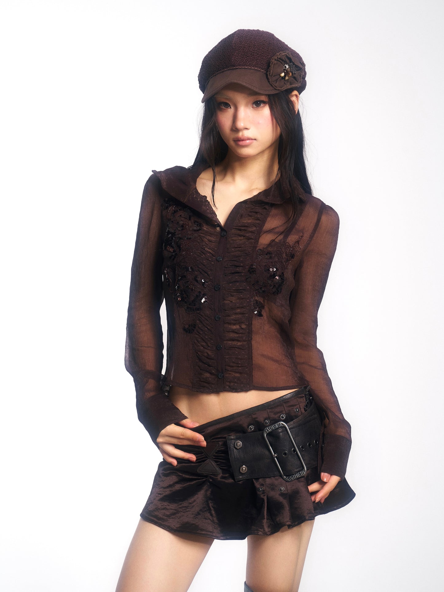 Brown Long-Sleeve Chiffon Blouse with Beaded Embroidery Panels