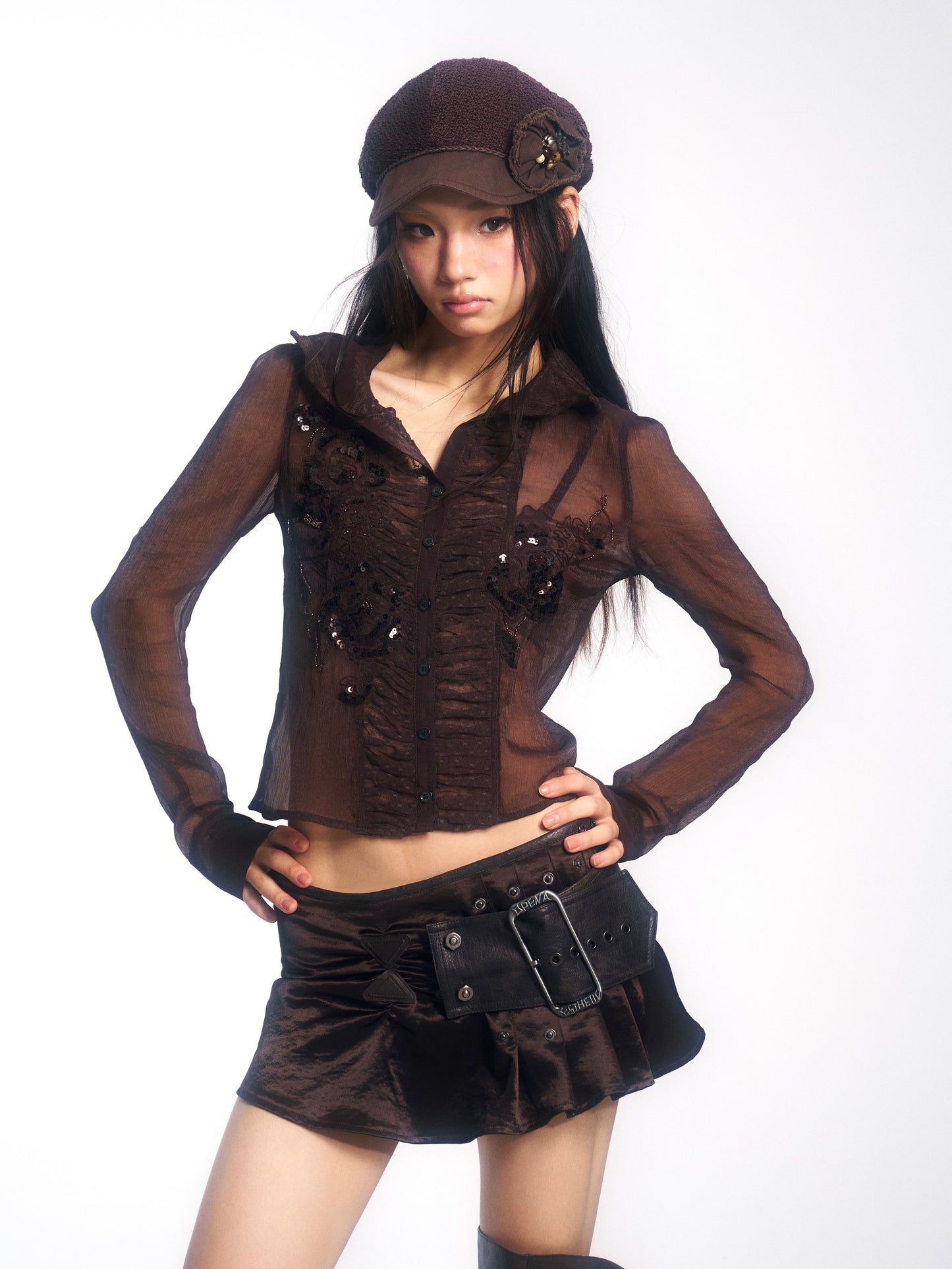 Brown Long-Sleeve Chiffon Blouse with Beaded Embroidery Panels