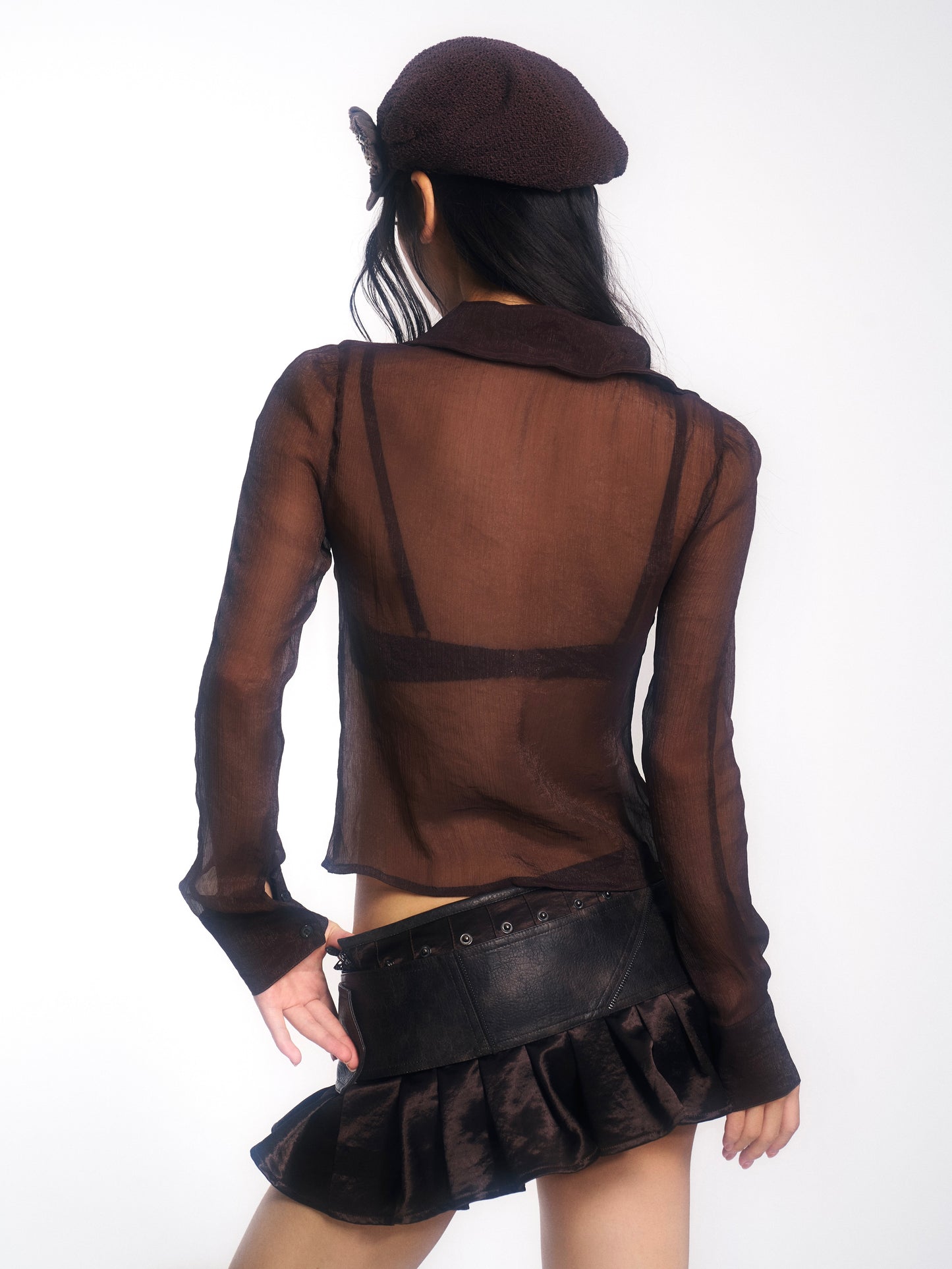 Brown Long-Sleeve Chiffon Blouse with Beaded Embroidery Panels