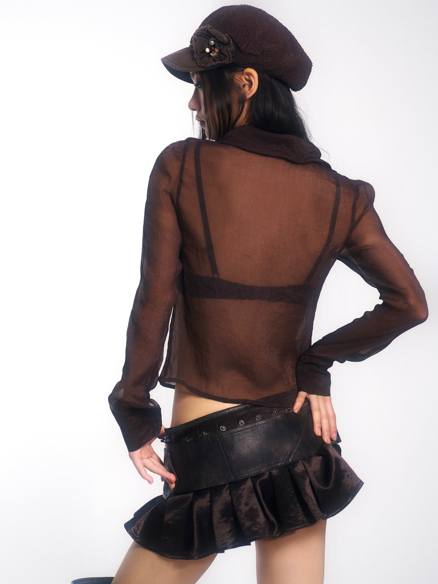 Brown Long-Sleeve Chiffon Blouse with Beaded Embroidery Panels