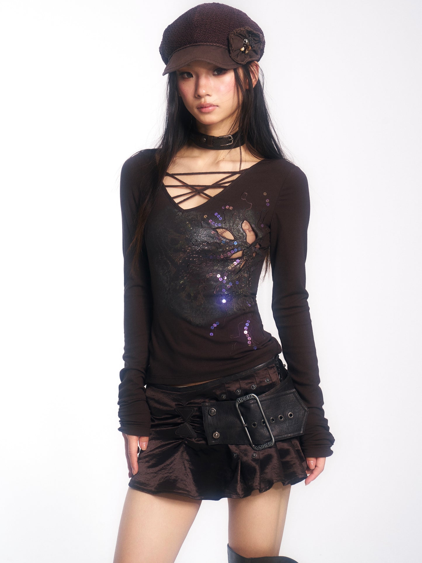 Sequin-Embroidered Pattern Long-Sleeve Knit Top with Cross-Over Straps