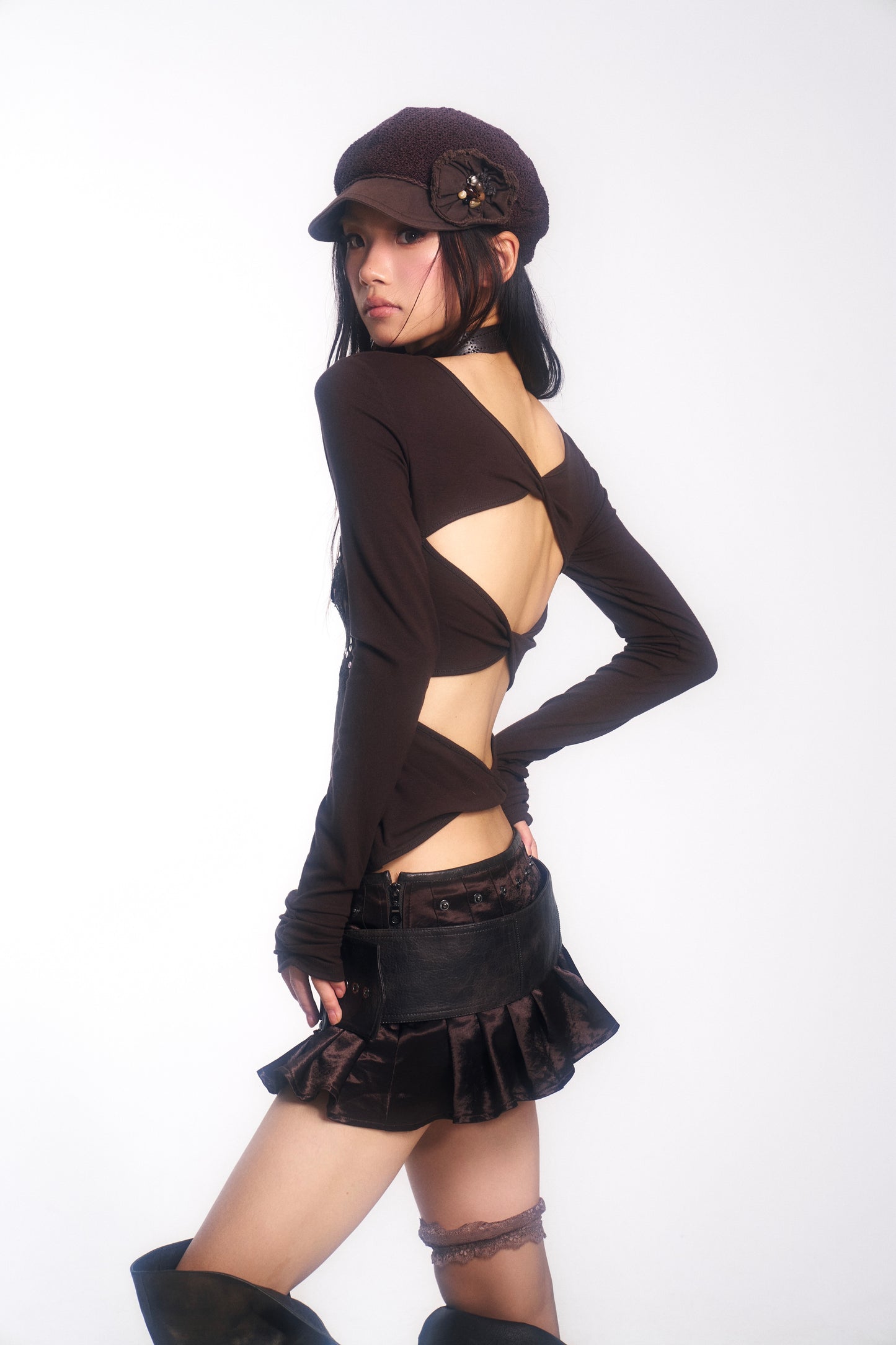 Sequin-Embroidered Pattern Long-Sleeve Knit Top with Cross-Over Straps