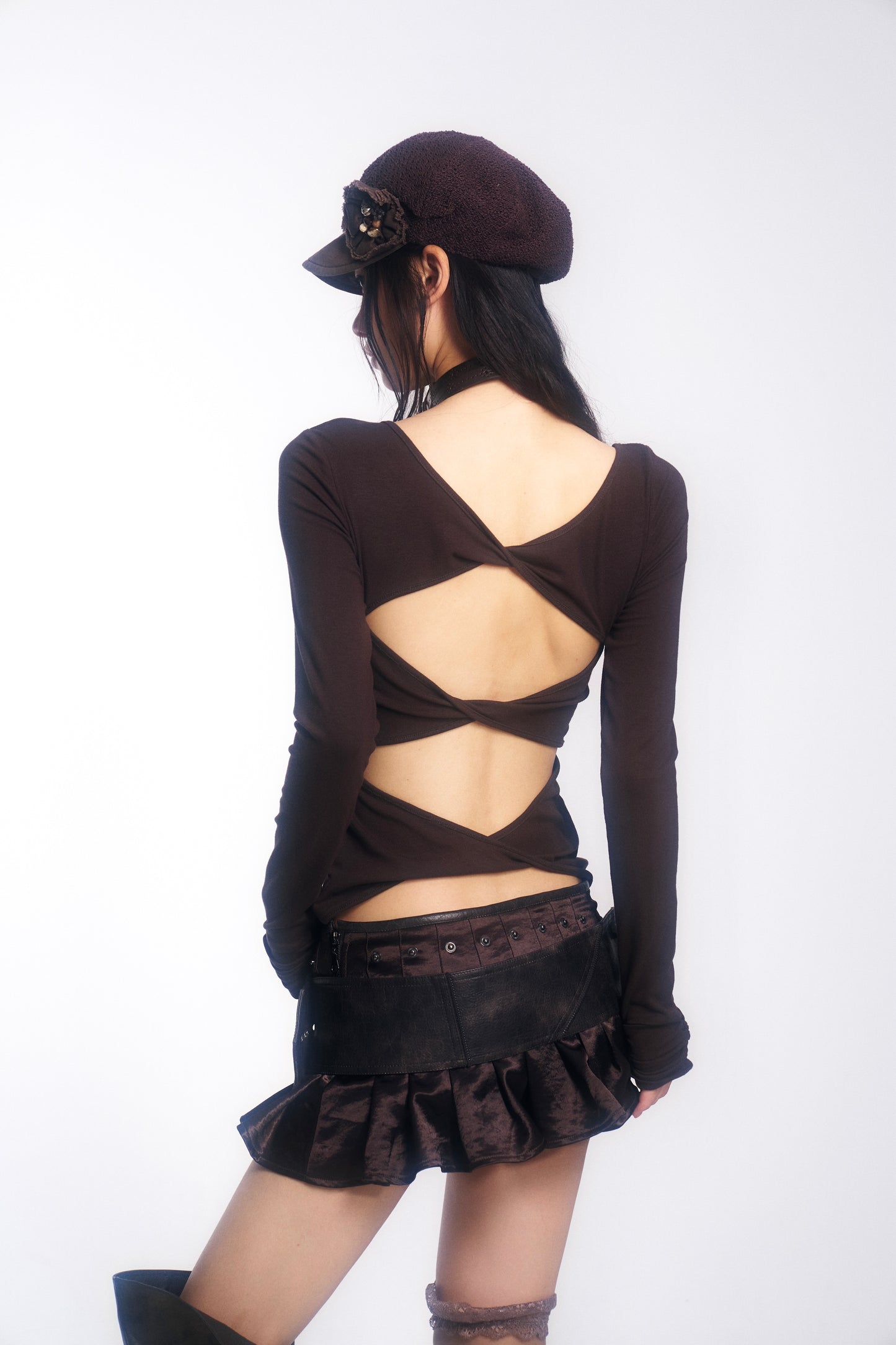 Sequin-Embroidered Pattern Long-Sleeve Knit Top with Cross-Over Straps