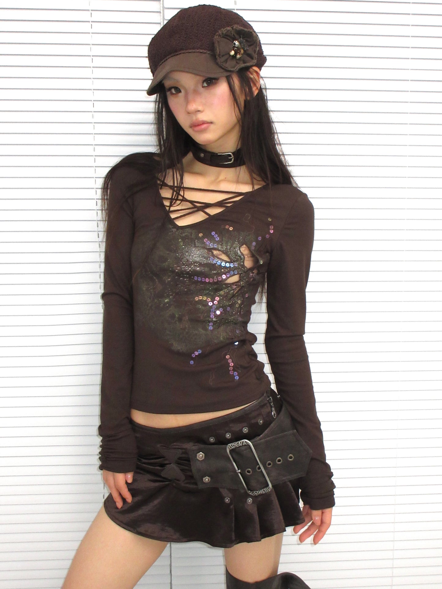 Sequin-Embroidered Pattern Long-Sleeve Knit Top with Cross-Over Straps