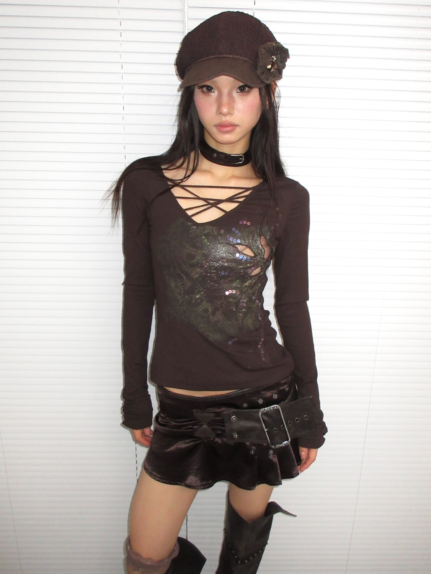 Sequin-Embroidered Pattern Long-Sleeve Knit Top with Cross-Over Straps