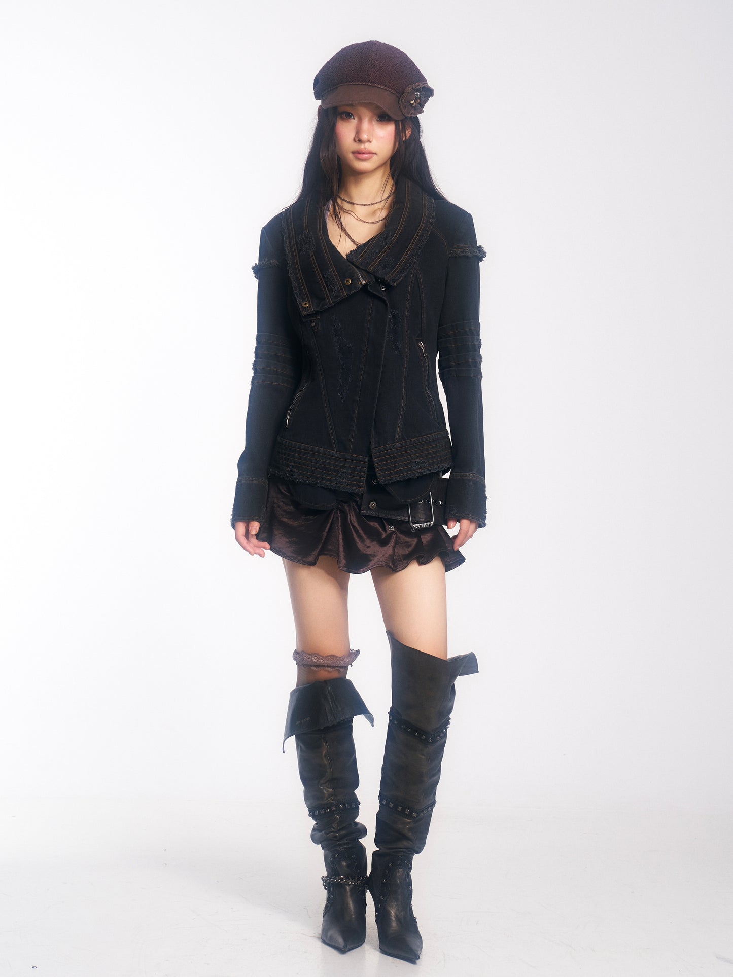 Punk-Style Heavy-Duty Washed Denim Jacket with Vintage Collar & Destroyed Details