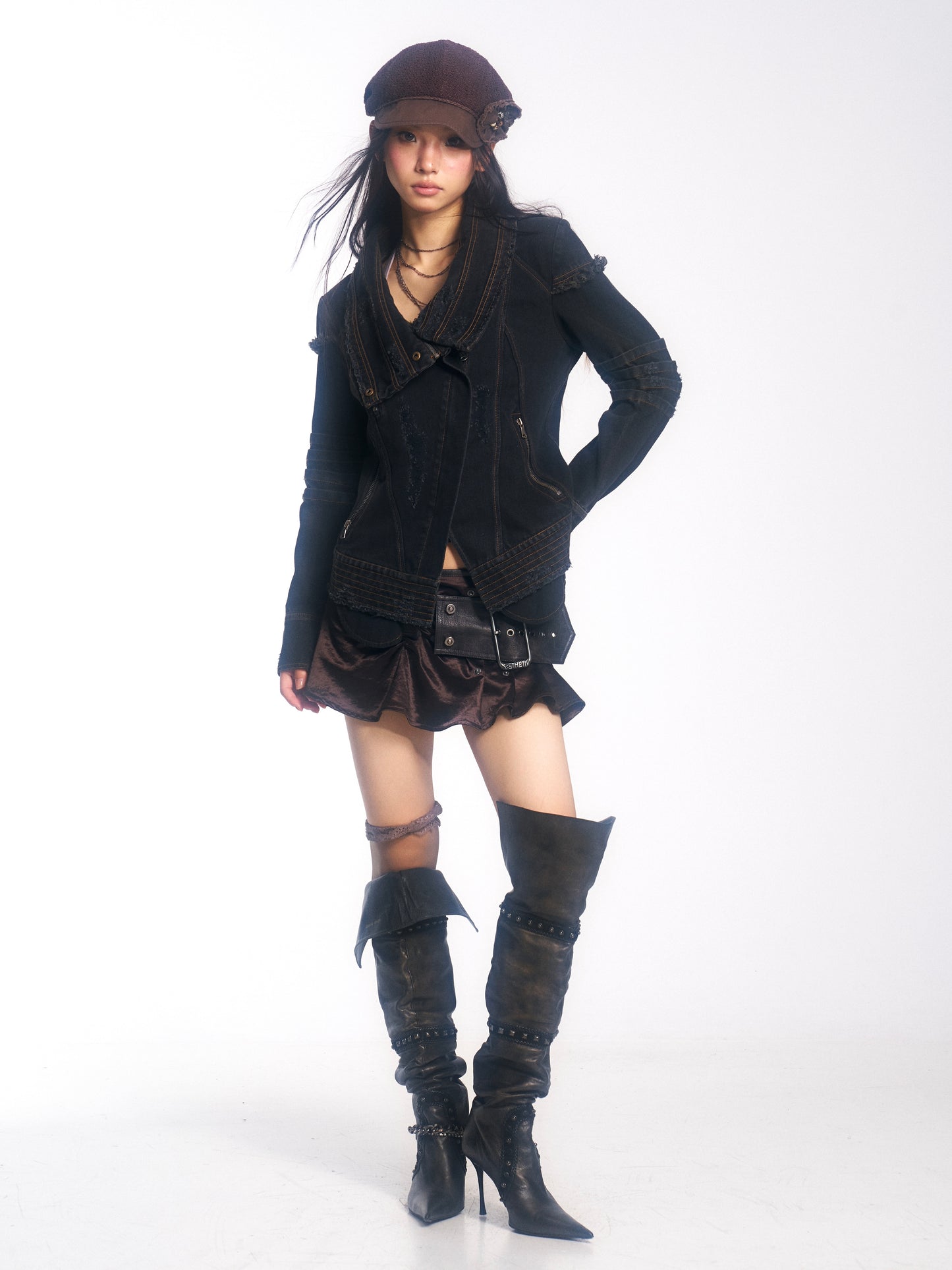 Punk-Style Heavy-Duty Washed Denim Jacket with Vintage Collar & Destroyed Details