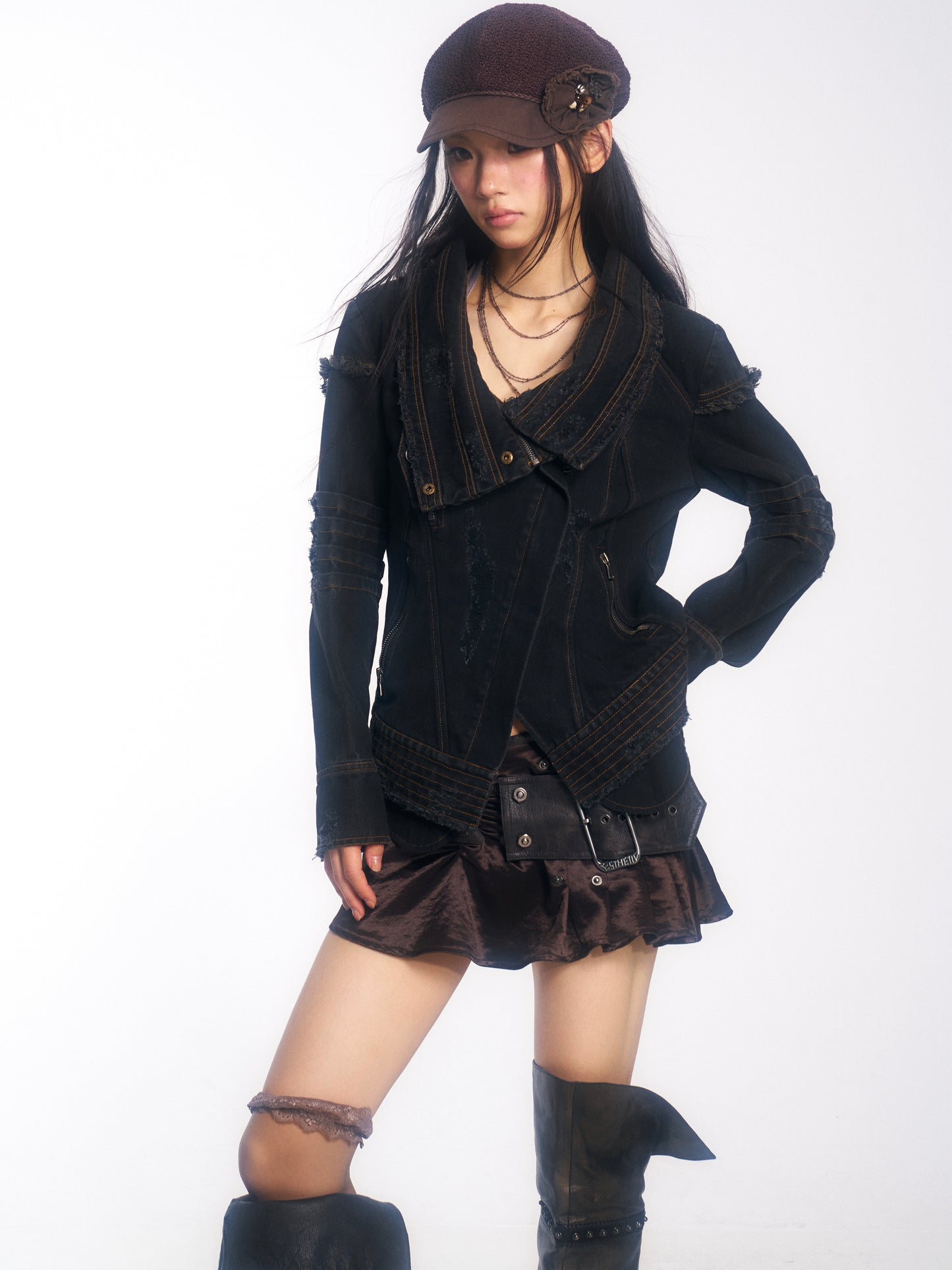 Punk-Style Heavy-Duty Washed Denim Jacket with Vintage Collar & Destroyed Details