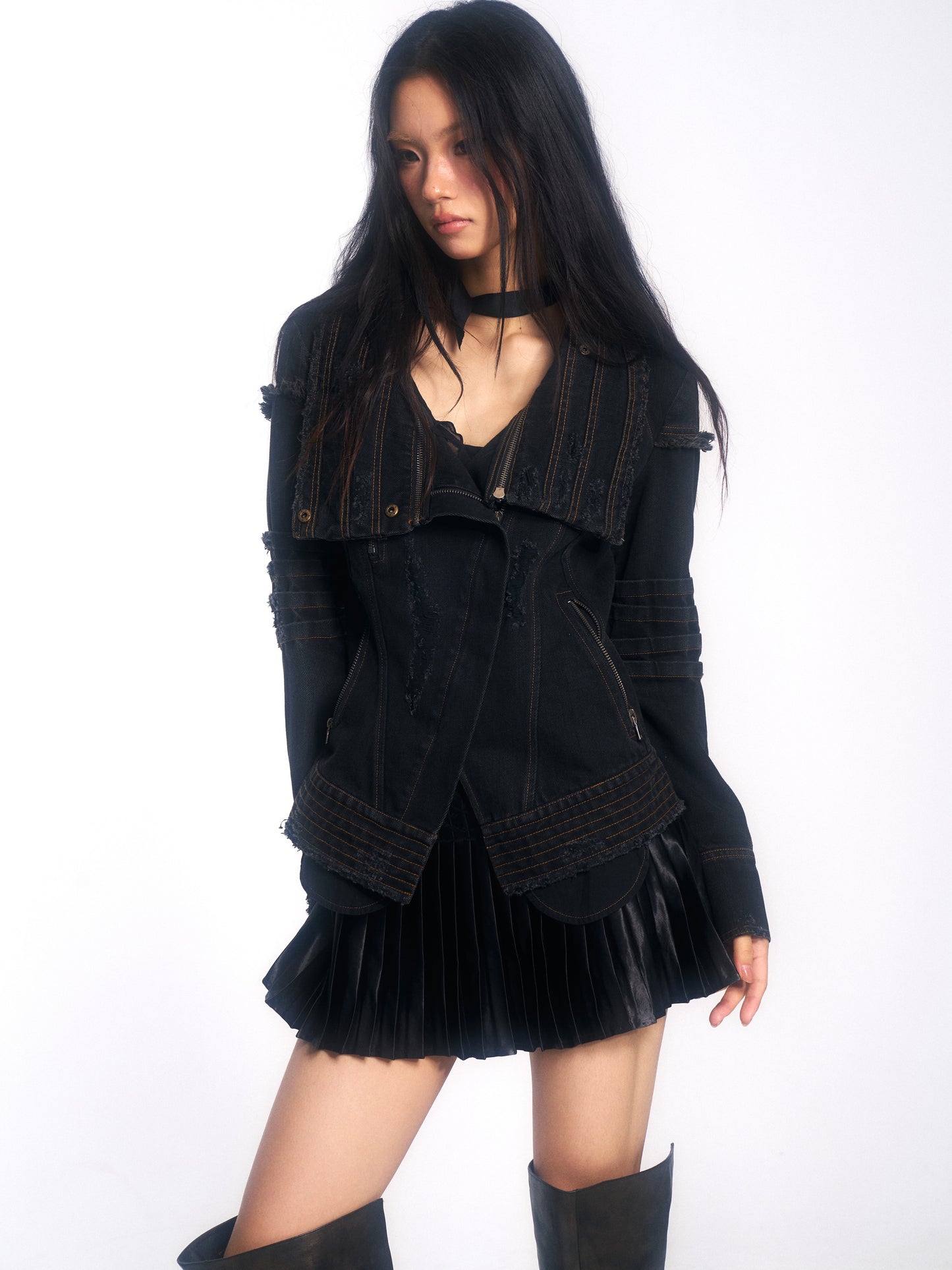 Punk-Style Heavy-Duty Washed Denim Jacket with Vintage Collar & Destroyed Details