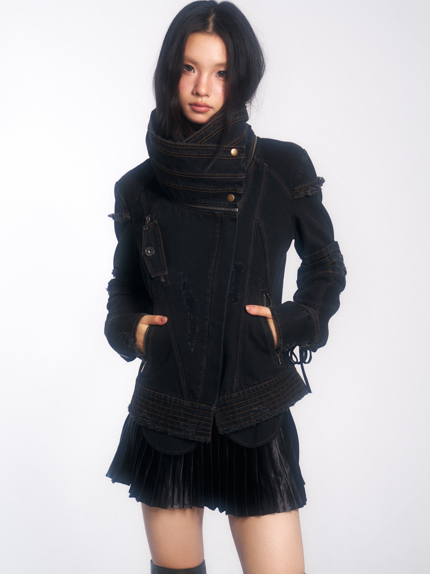 Punk-Style Heavy-Duty Washed Denim Jacket with Vintage Collar & Destroyed Details