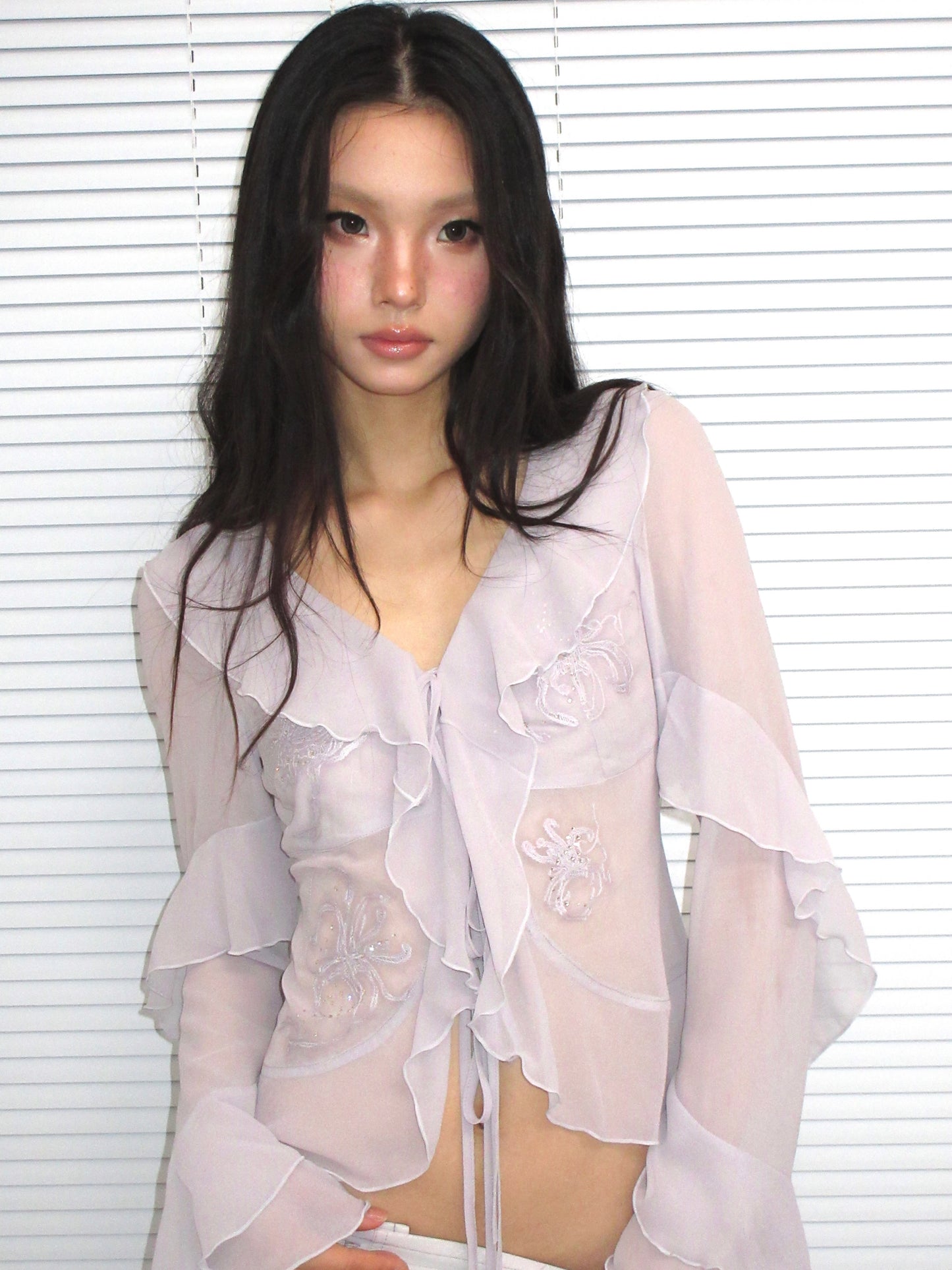 Embroidered & Crystal-Embellished Long-Sleeve Chiffon Top with Lace-Up Detail