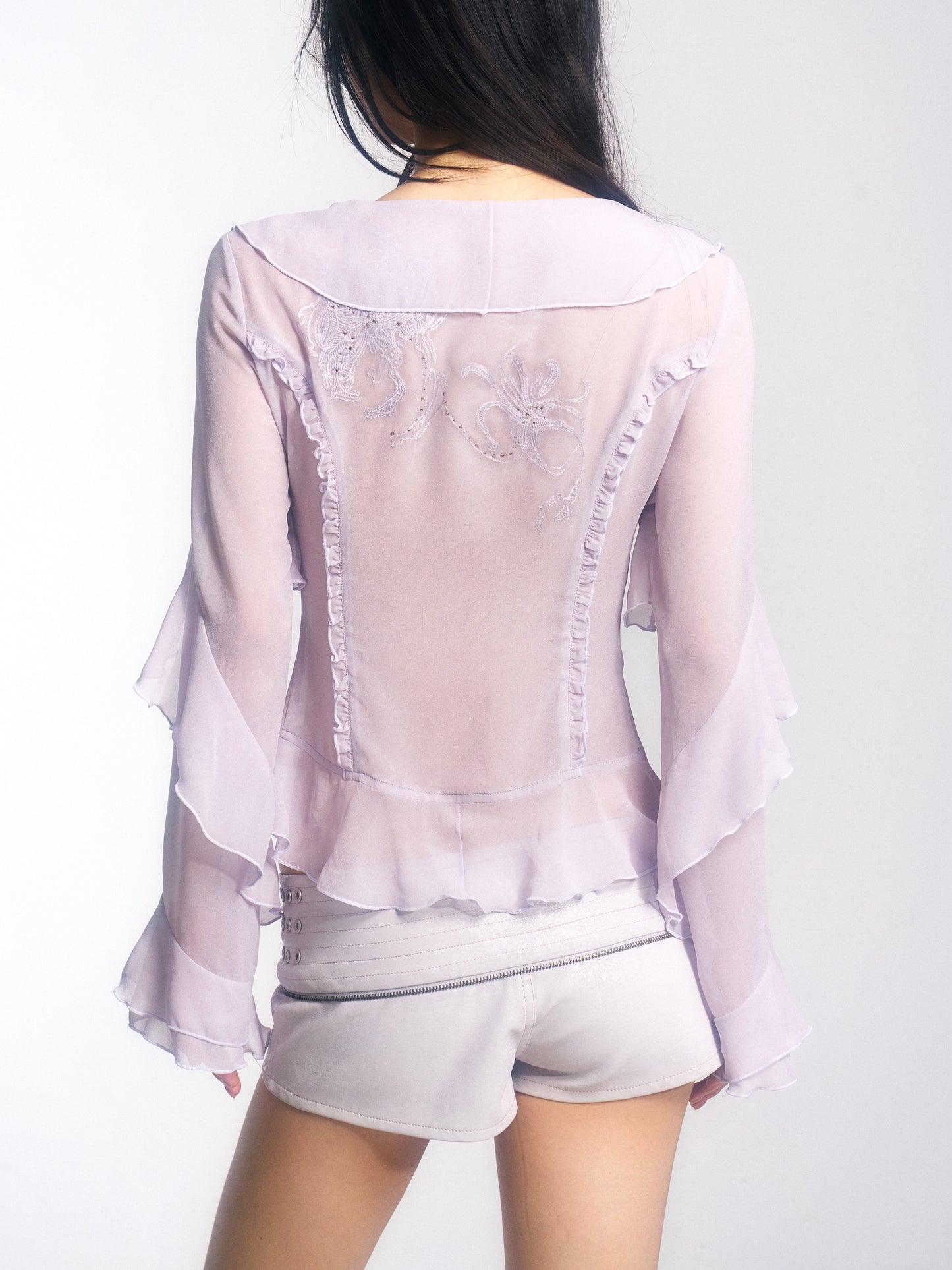 Embroidered & Crystal-Embellished Long-Sleeve Chiffon Top with Lace-Up Detail