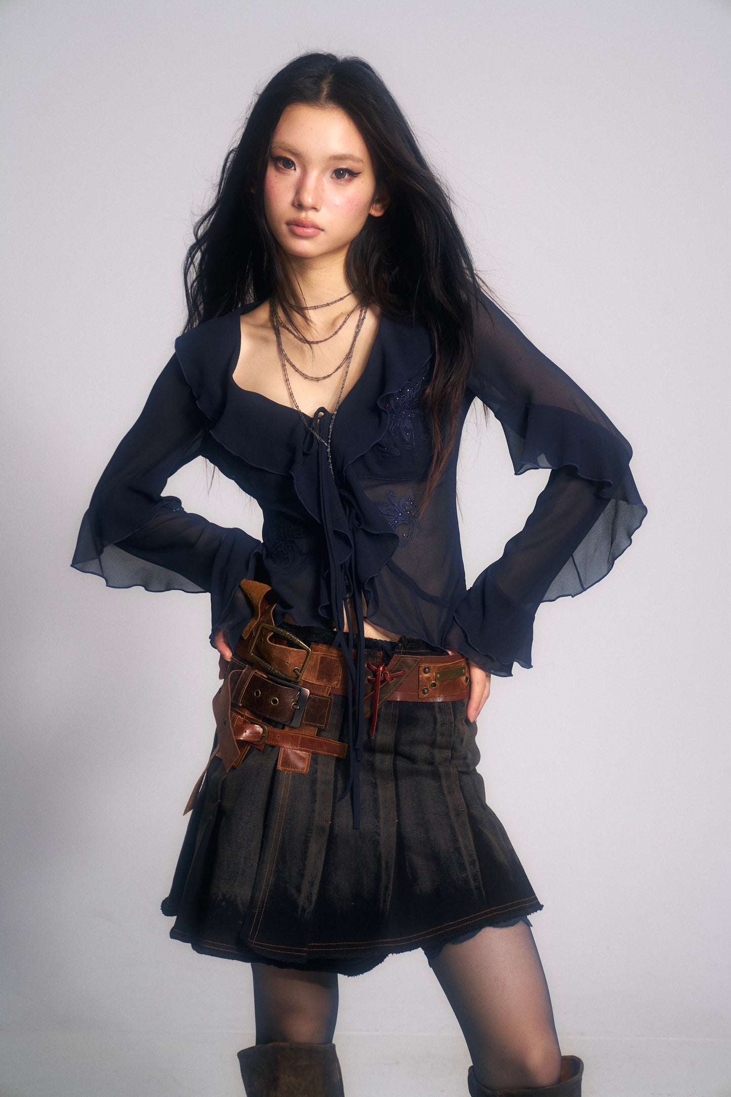 Embroidered & Crystal-Embellished Long-Sleeve Chiffon Top with Lace-Up Detail