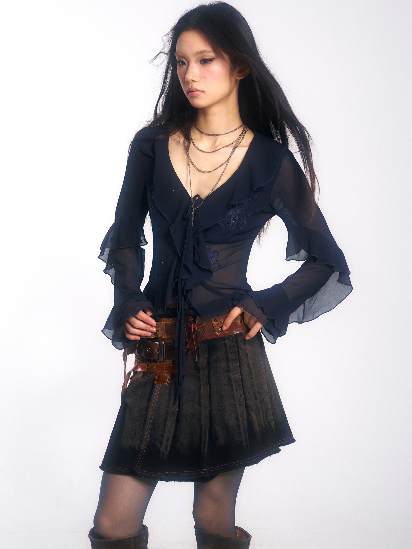 Embroidered & Crystal-Embellished Long-Sleeve Chiffon Top with Lace-Up Detail