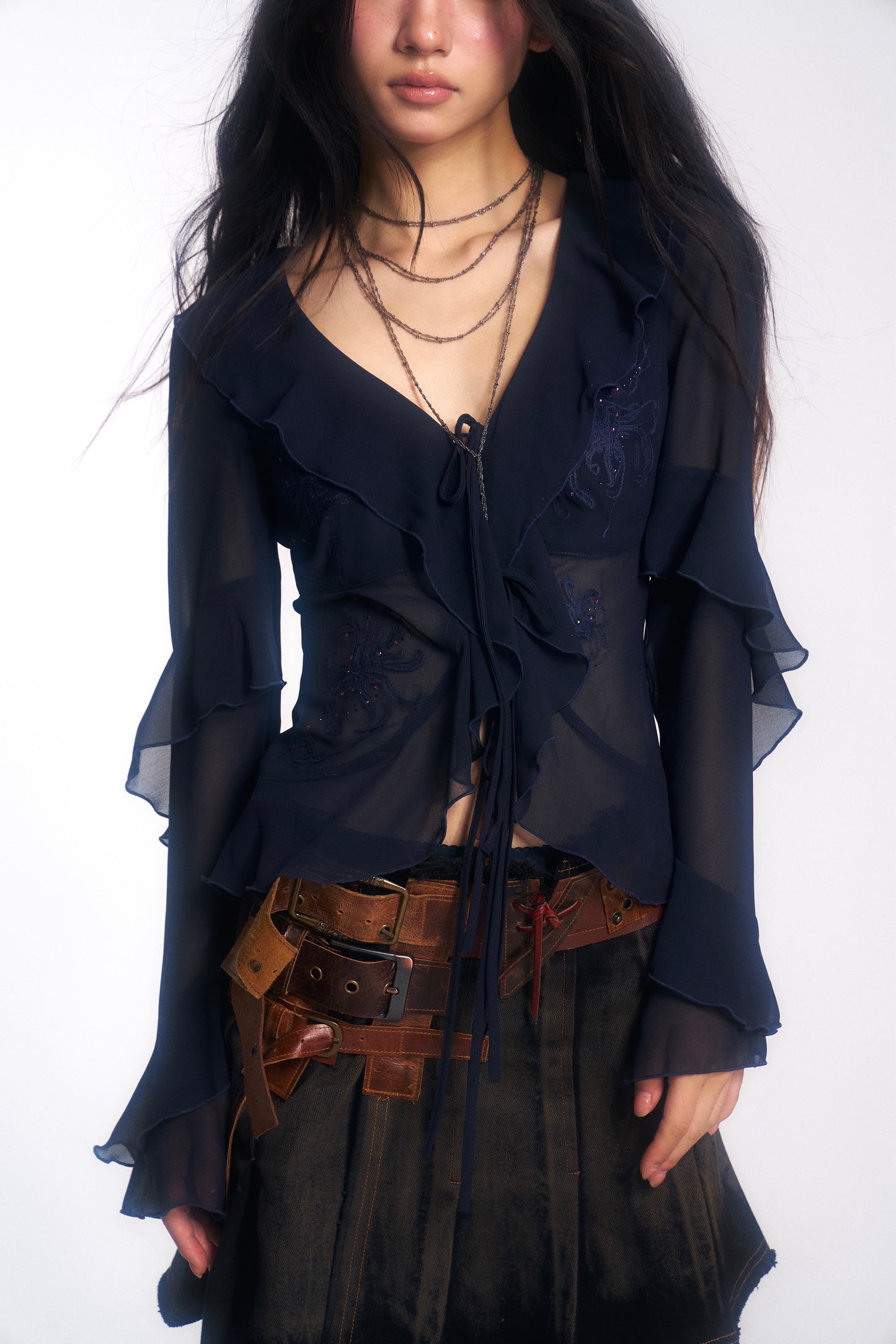 Embroidered & Crystal-Embellished Long-Sleeve Chiffon Top with Lace-Up Detail