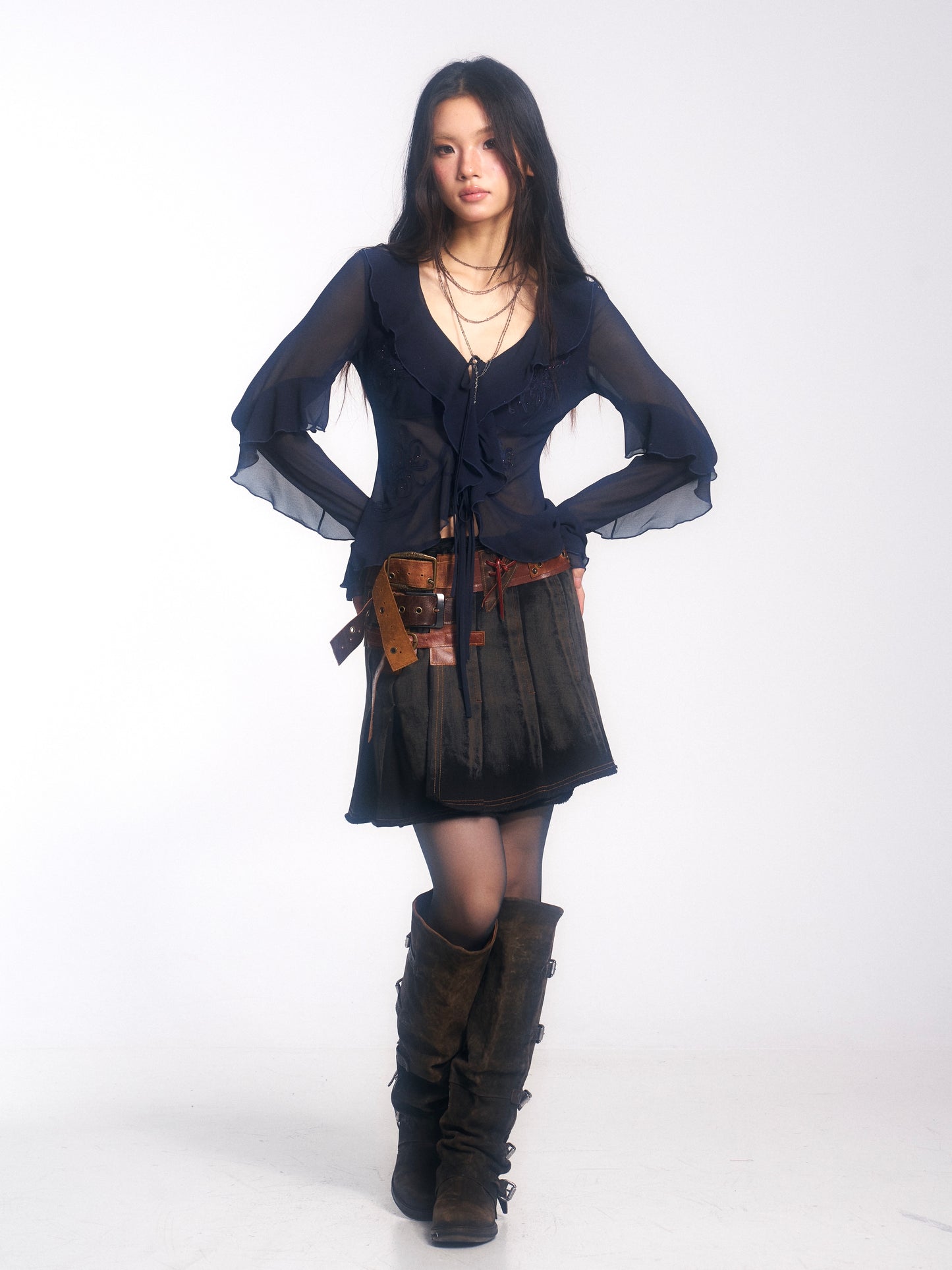Embroidered & Crystal-Embellished Long-Sleeve Chiffon Top with Lace-Up Detail
