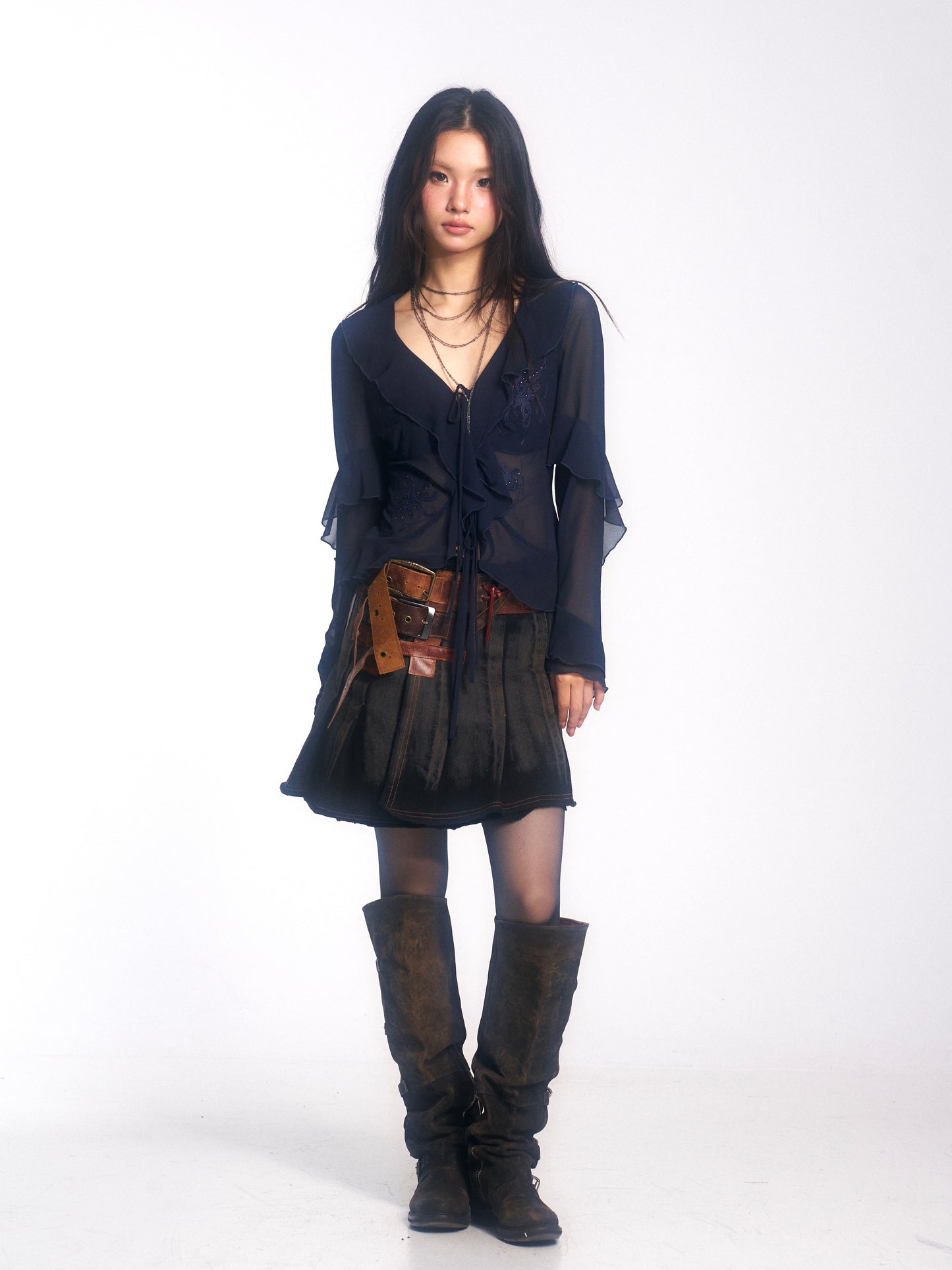 Embroidered & Crystal-Embellished Long-Sleeve Chiffon Top with Lace-Up Detail