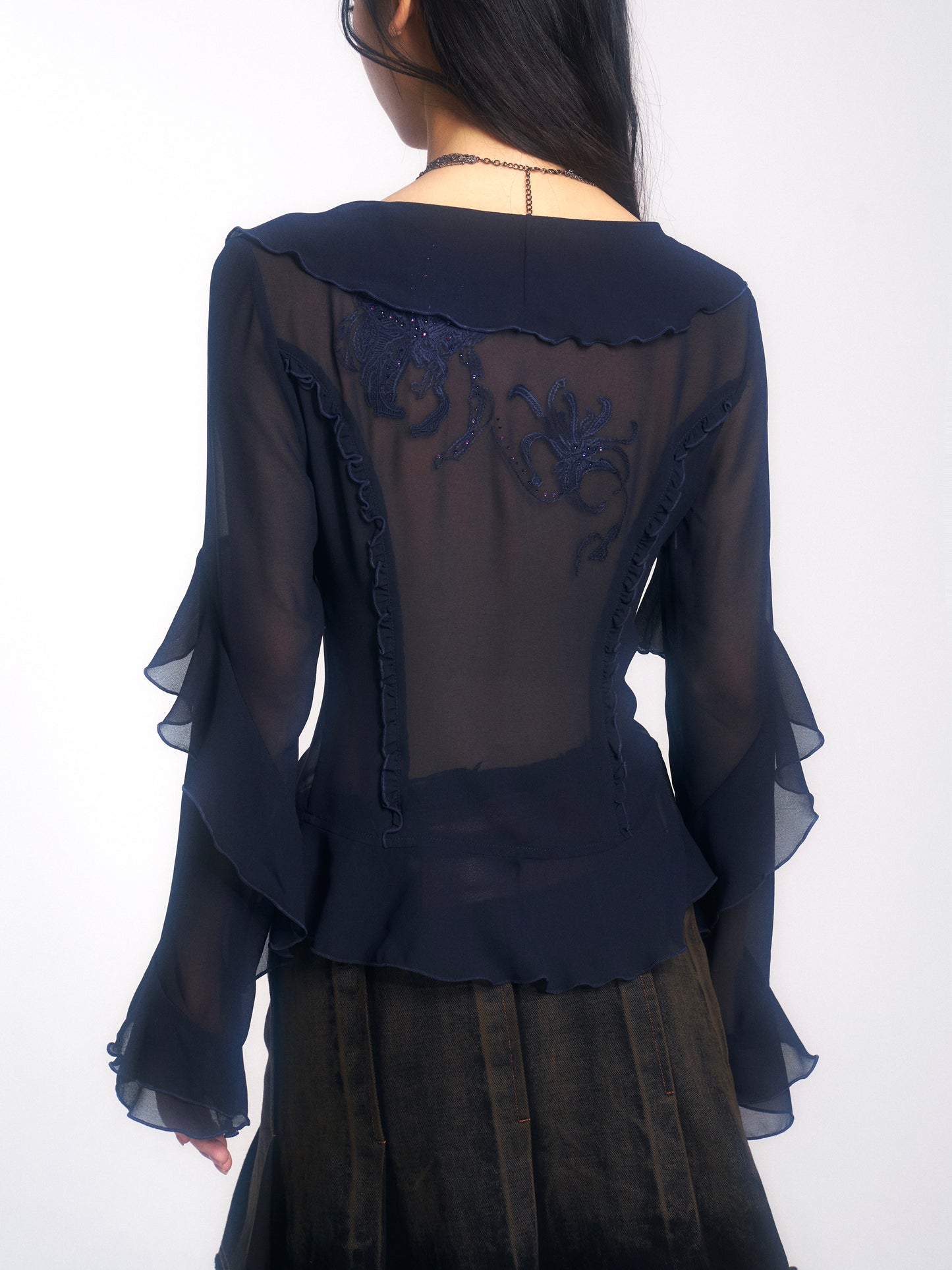 Embroidered & Crystal-Embellished Long-Sleeve Chiffon Top with Lace-Up Detail