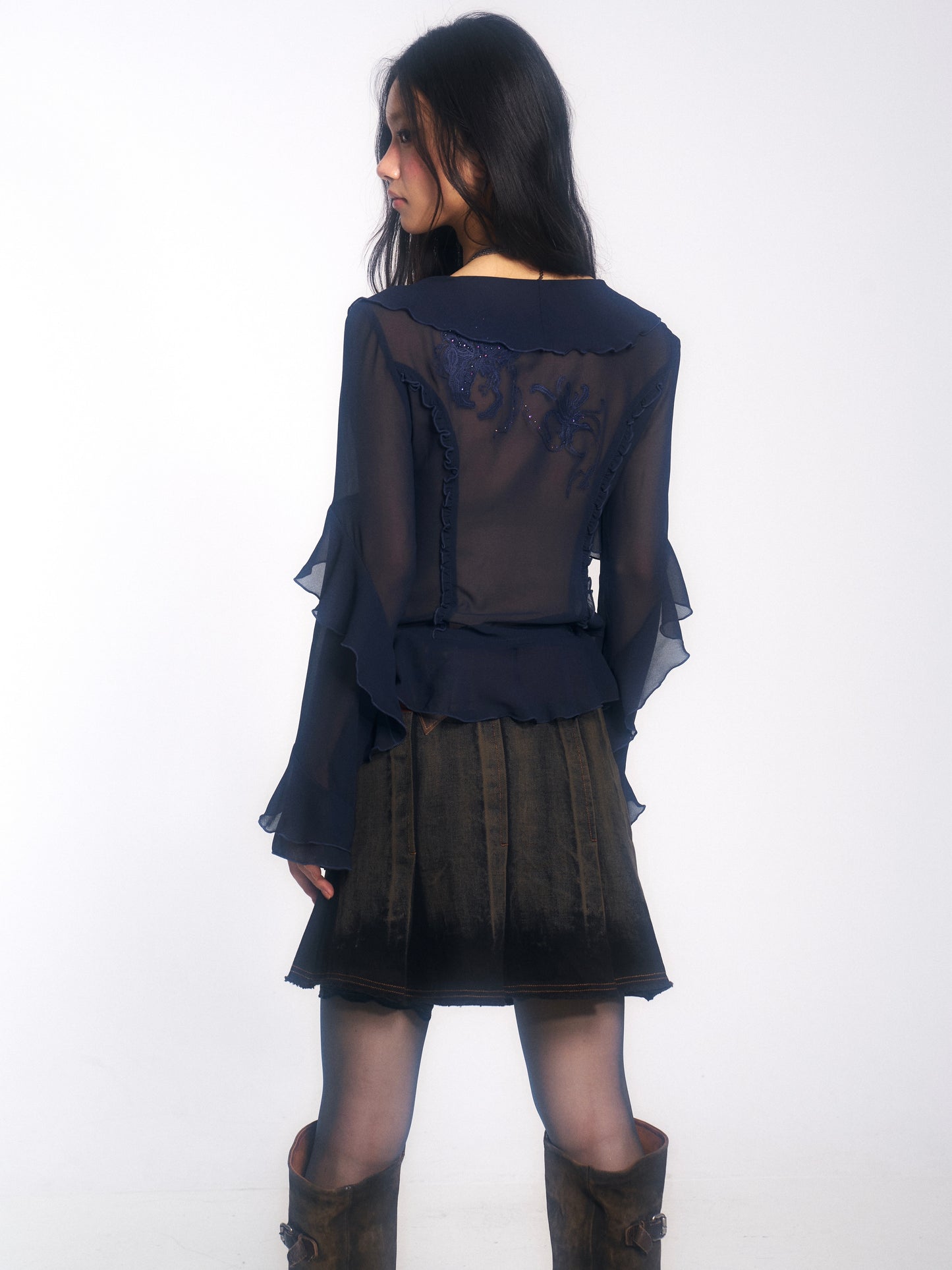 Embroidered & Crystal-Embellished Long-Sleeve Chiffon Top with Lace-Up Detail