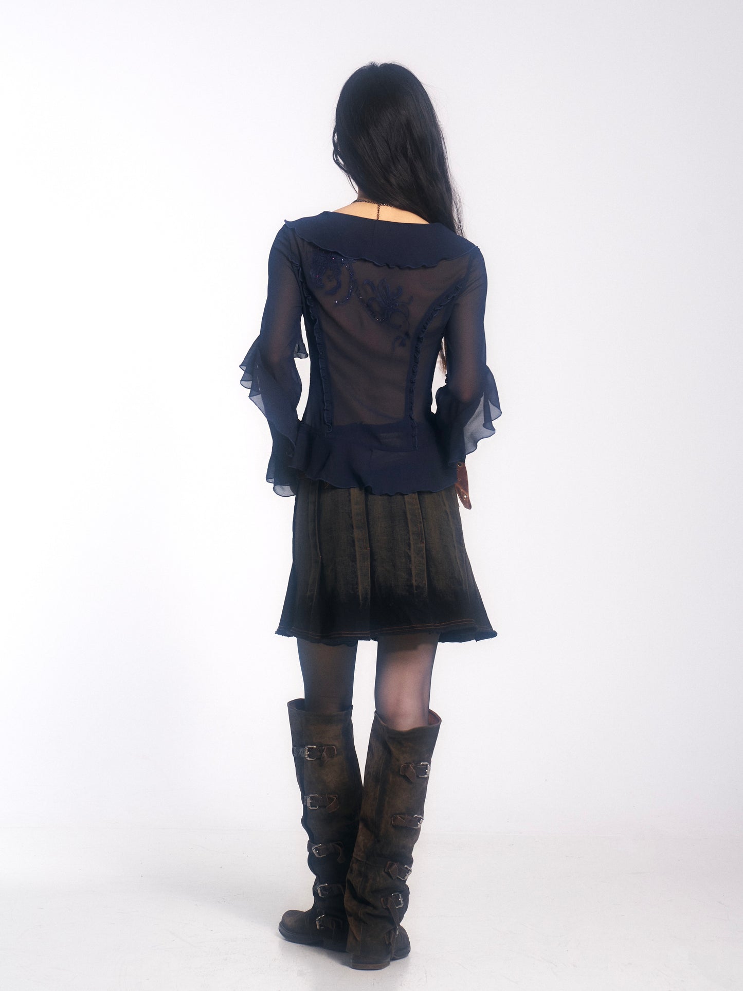 Embroidered & Crystal-Embellished Long-Sleeve Chiffon Top with Lace-Up Detail