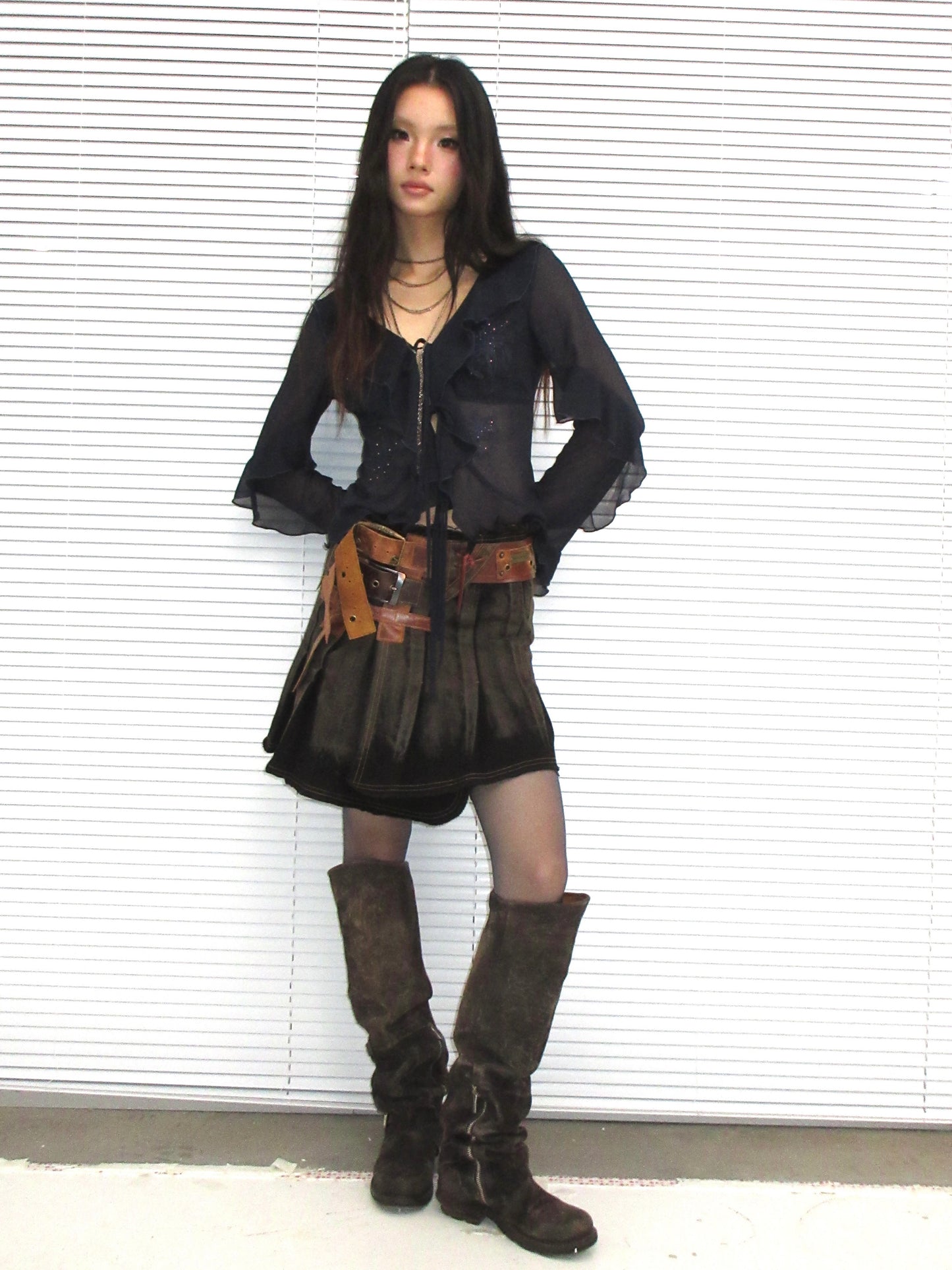 Embroidered & Crystal-Embellished Long-Sleeve Chiffon Top with Lace-Up Detail