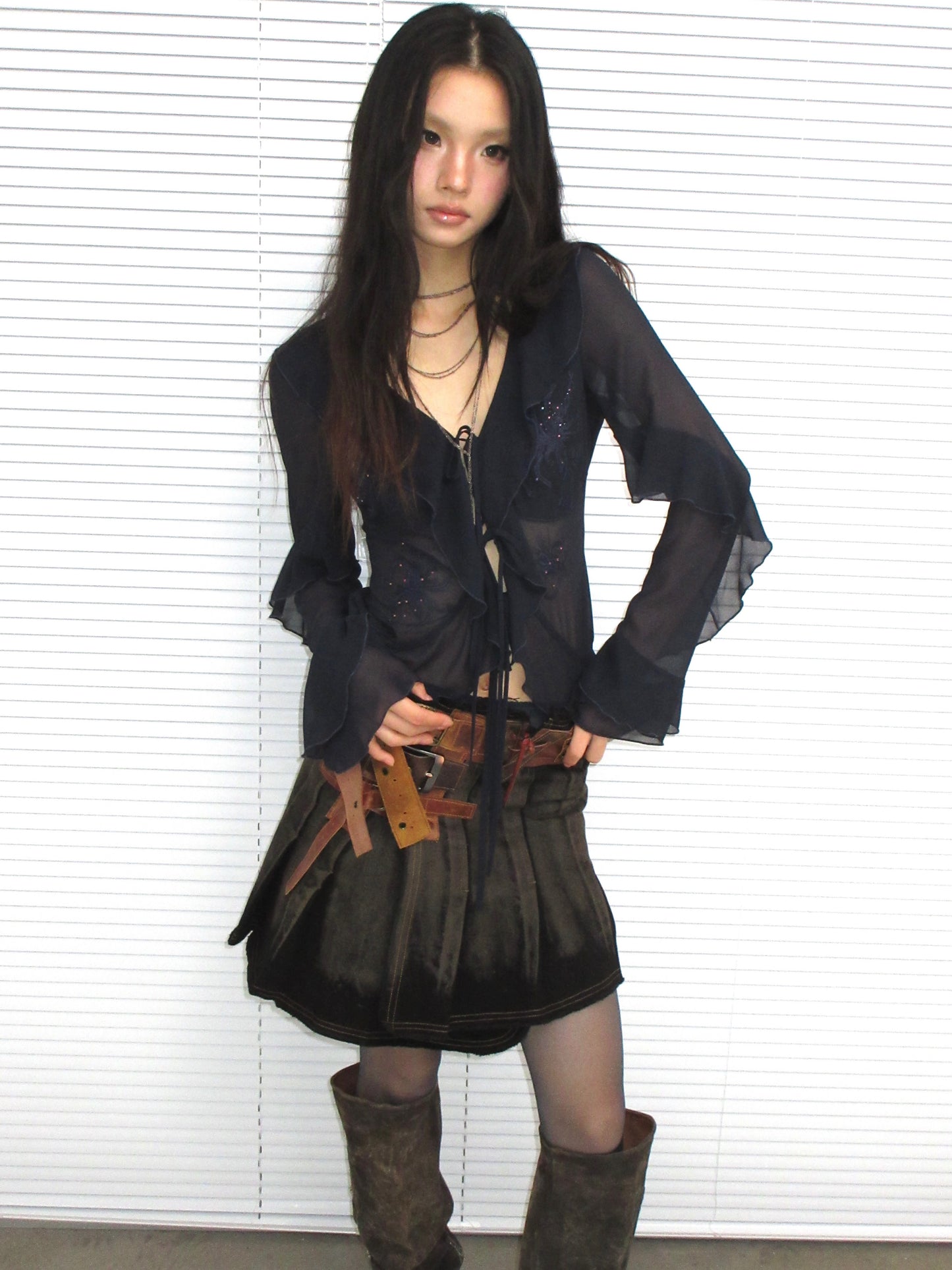Embroidered & Crystal-Embellished Long-Sleeve Chiffon Top with Lace-Up Detail
