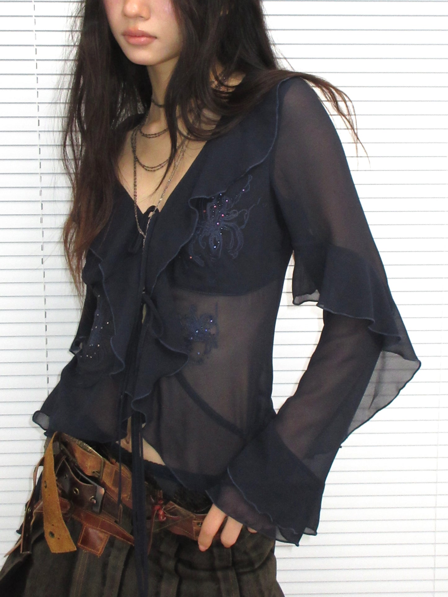 Embroidered & Crystal-Embellished Long-Sleeve Chiffon Top with Lace-Up Detail