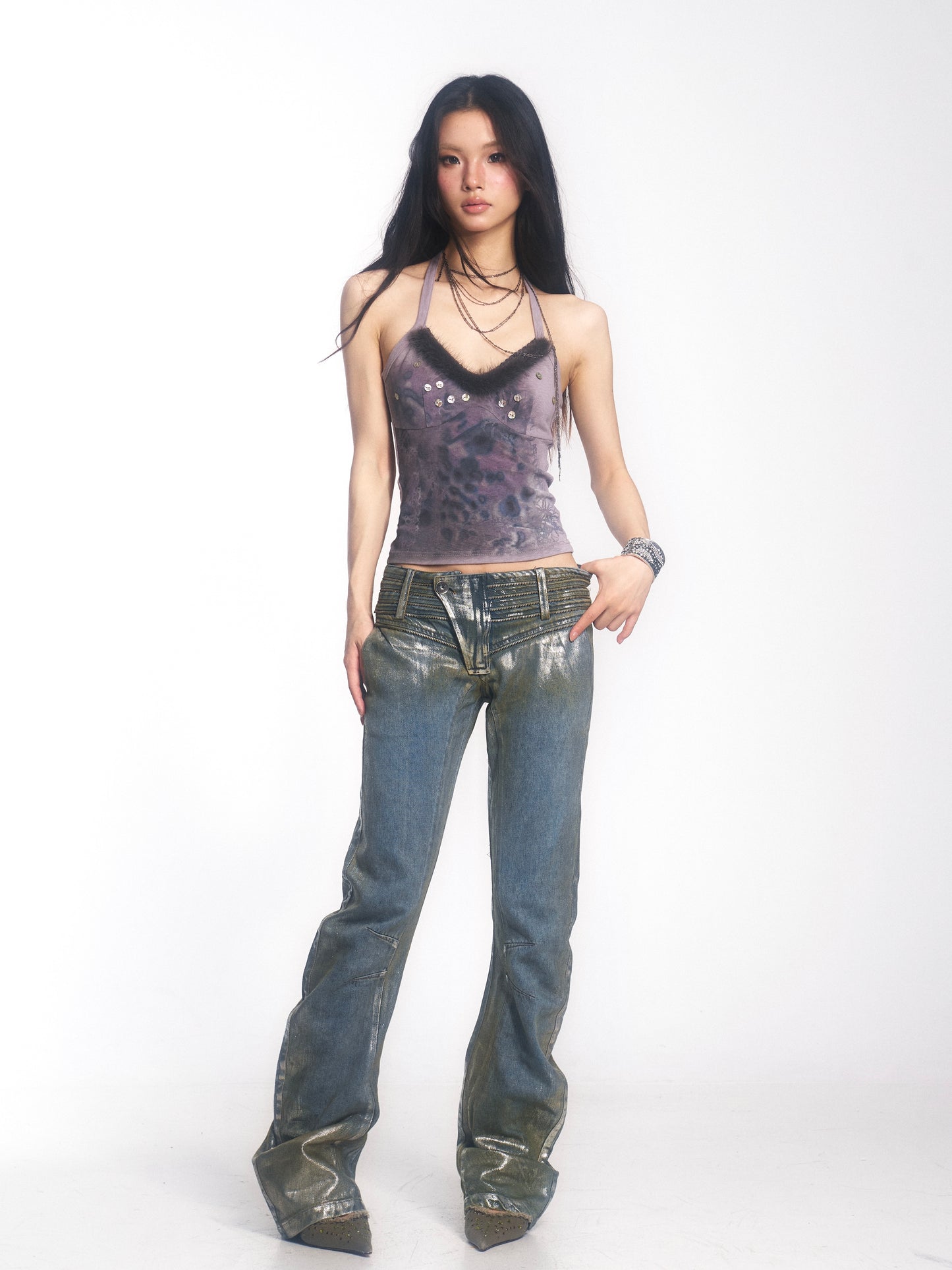 Vintage Washed Denim Jeans with Silver Foil & Curved Hem