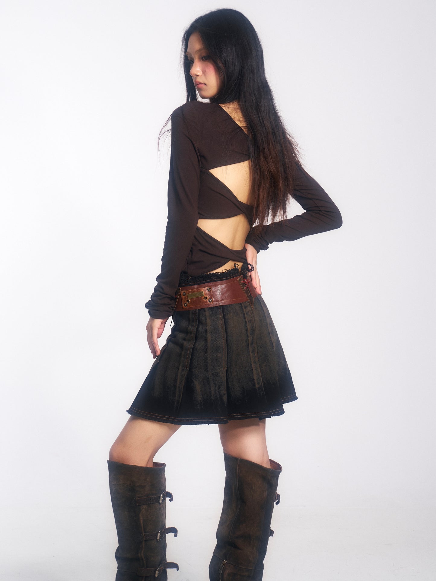 Vintage Washed Denim Wrap Skirt with Genuine Leather Belt