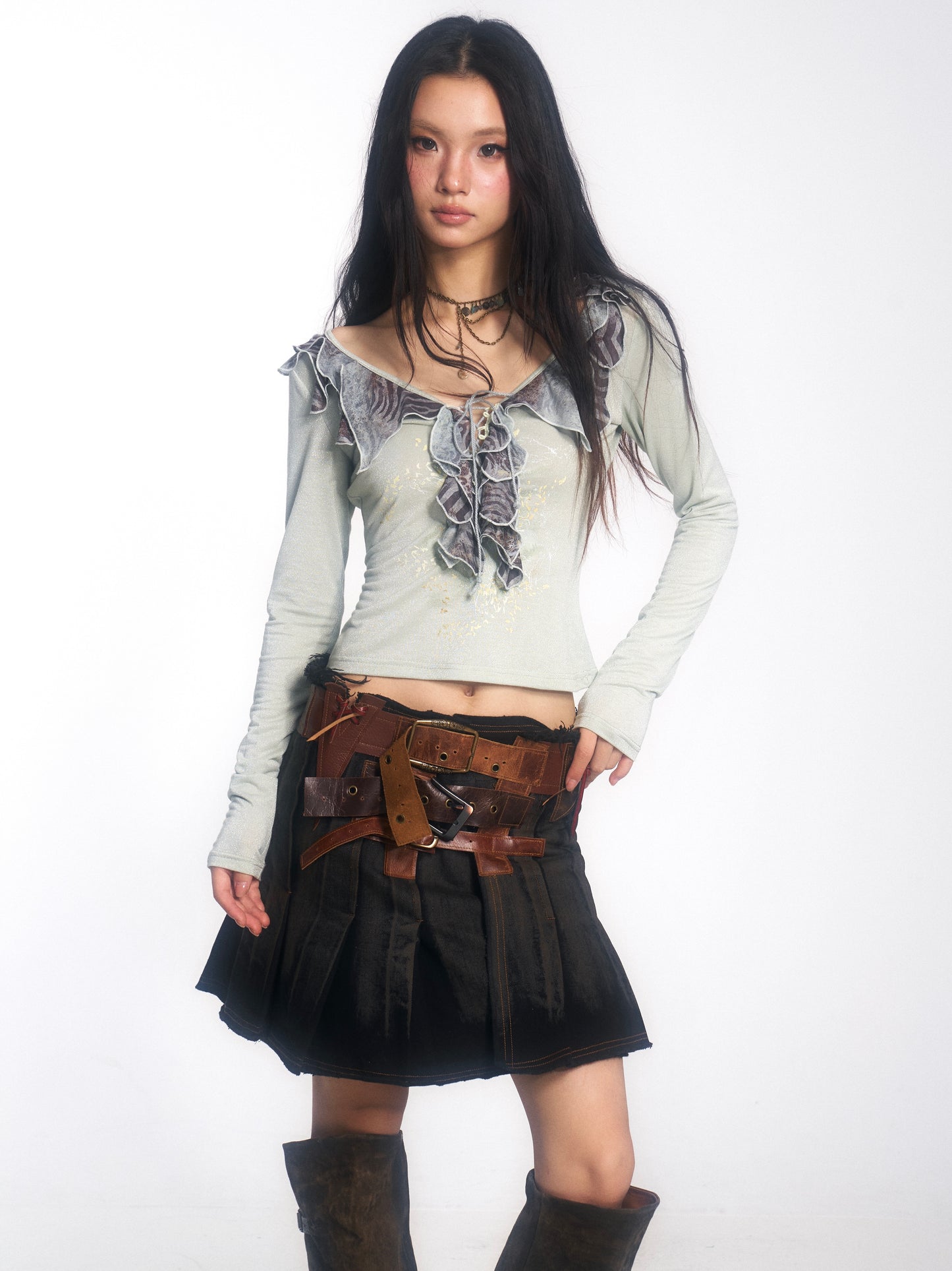 Vintage Washed Denim Wrap Skirt with Genuine Leather Belt