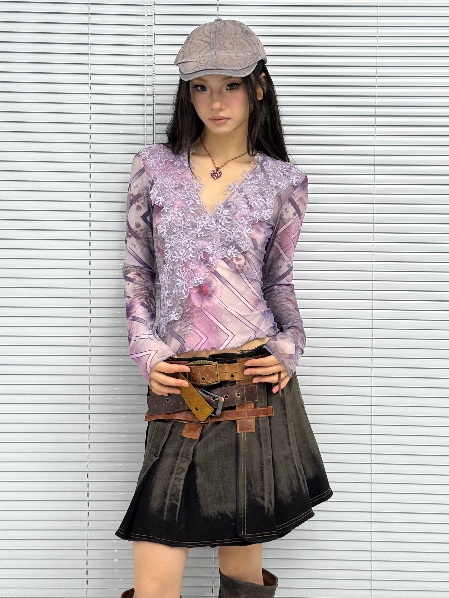 Embroidered Long-Sleeve Mesh Top with Lace-Patterned Print
