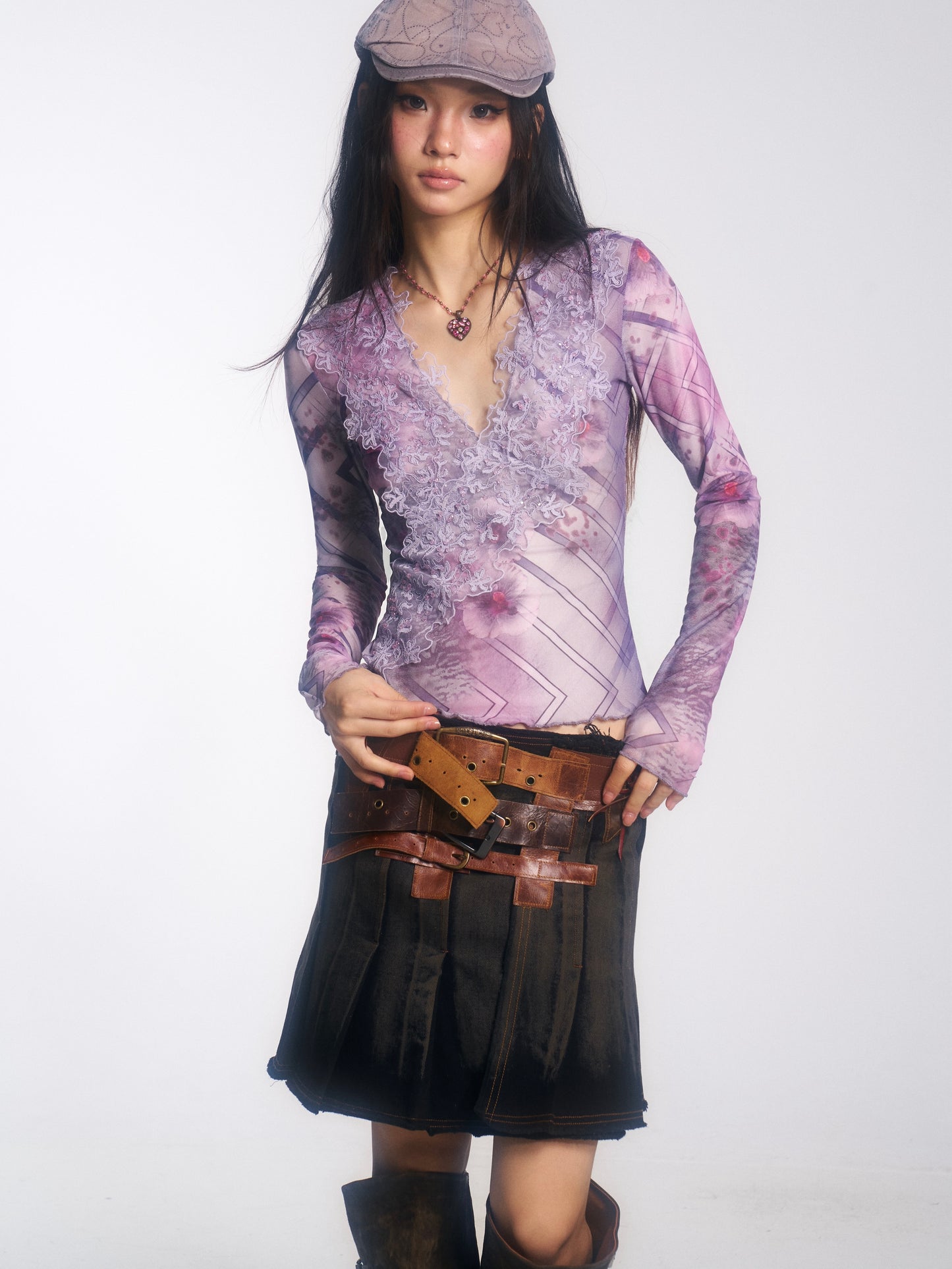 Embroidered Long-Sleeve Mesh Top with Lace-Patterned Print