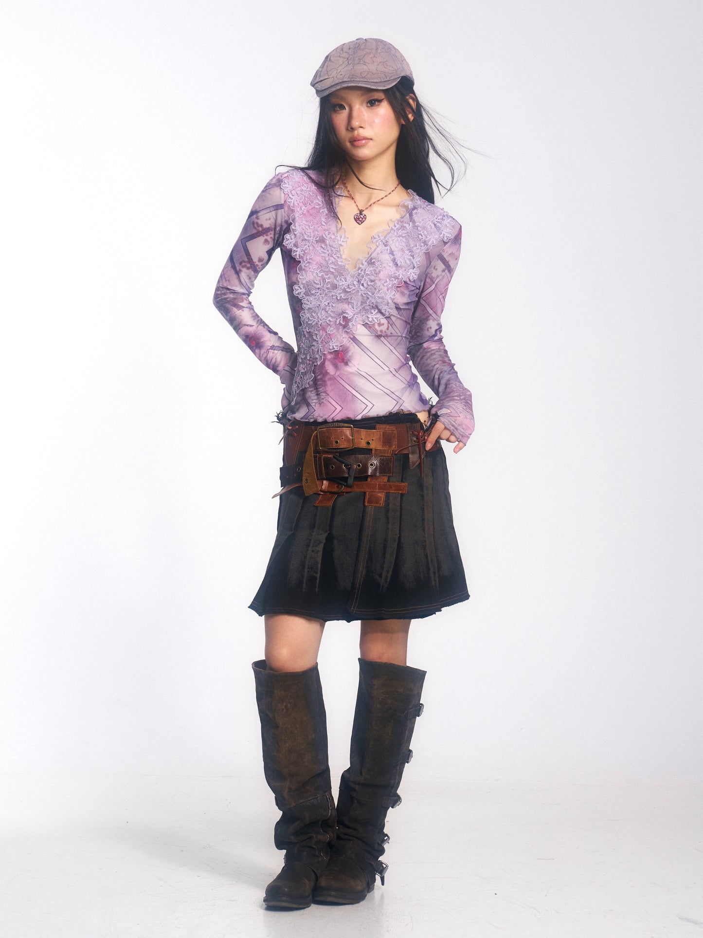 Embroidered Long-Sleeve Mesh Top with Lace-Patterned Print
