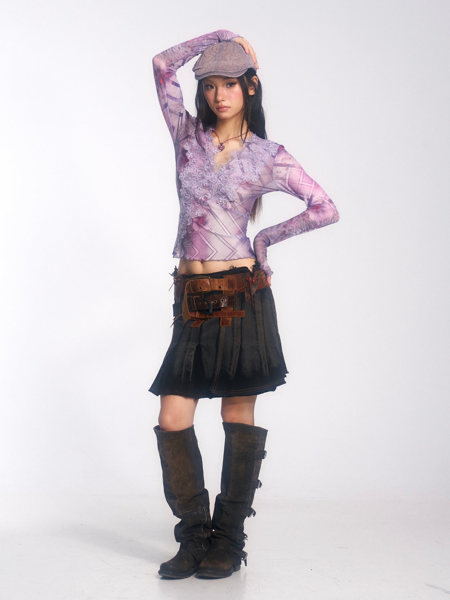 Embroidered Long-Sleeve Mesh Top with Lace-Patterned Print