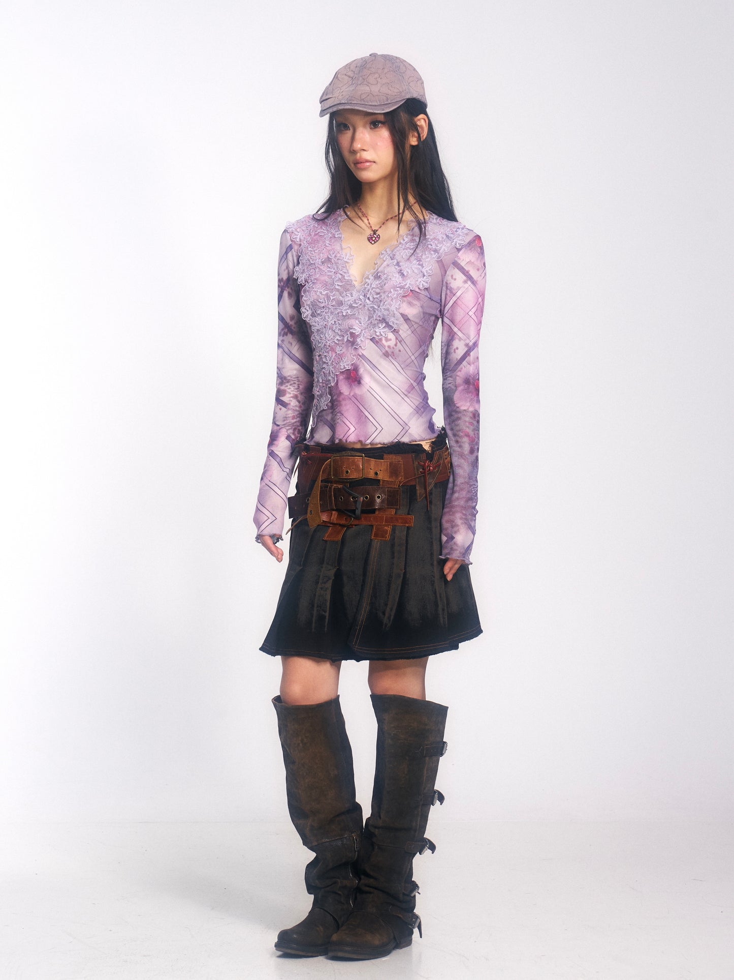 Embroidered Long-Sleeve Mesh Top with Lace-Patterned Print