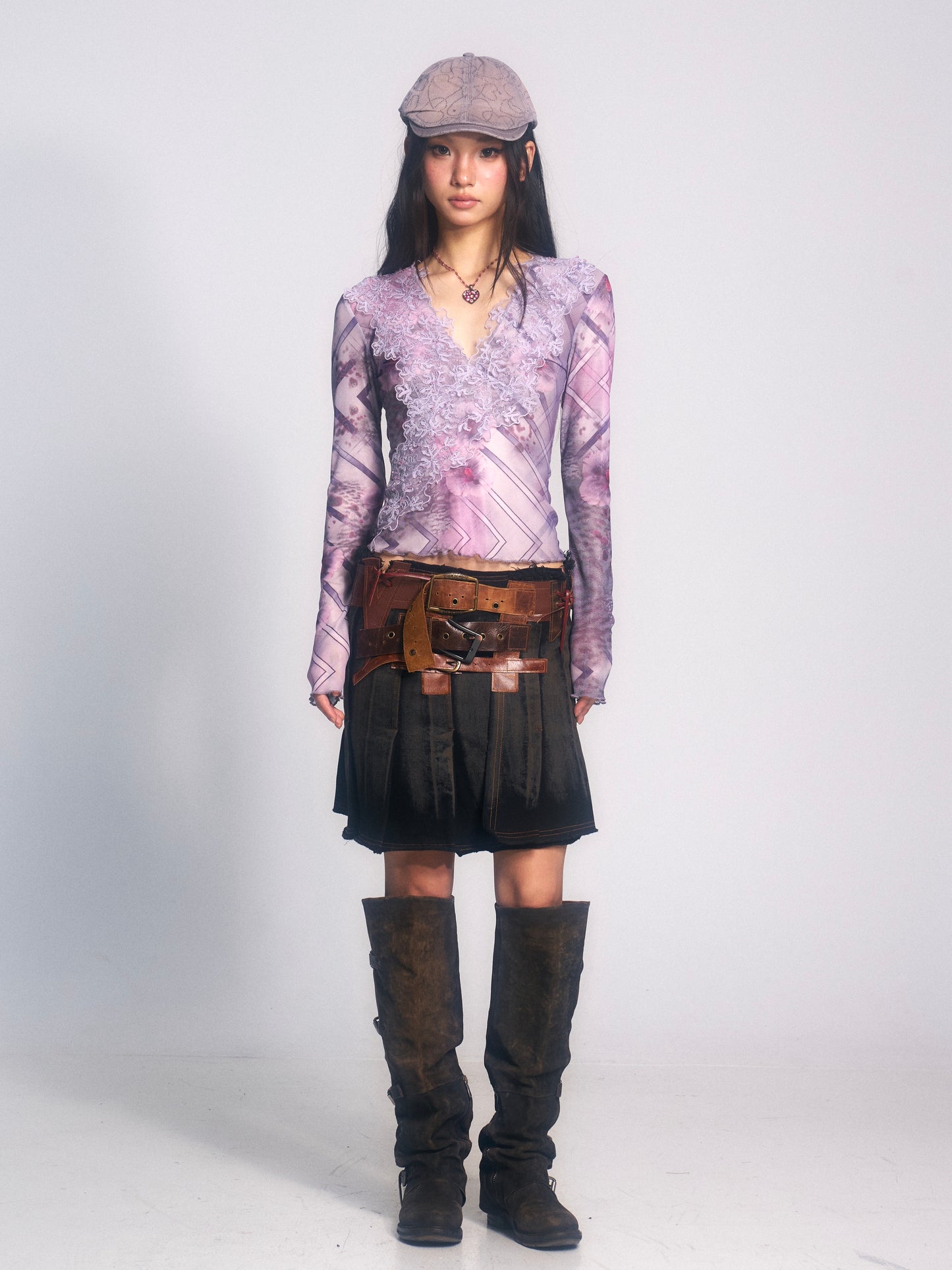Embroidered Long-Sleeve Mesh Top with Lace-Patterned Print