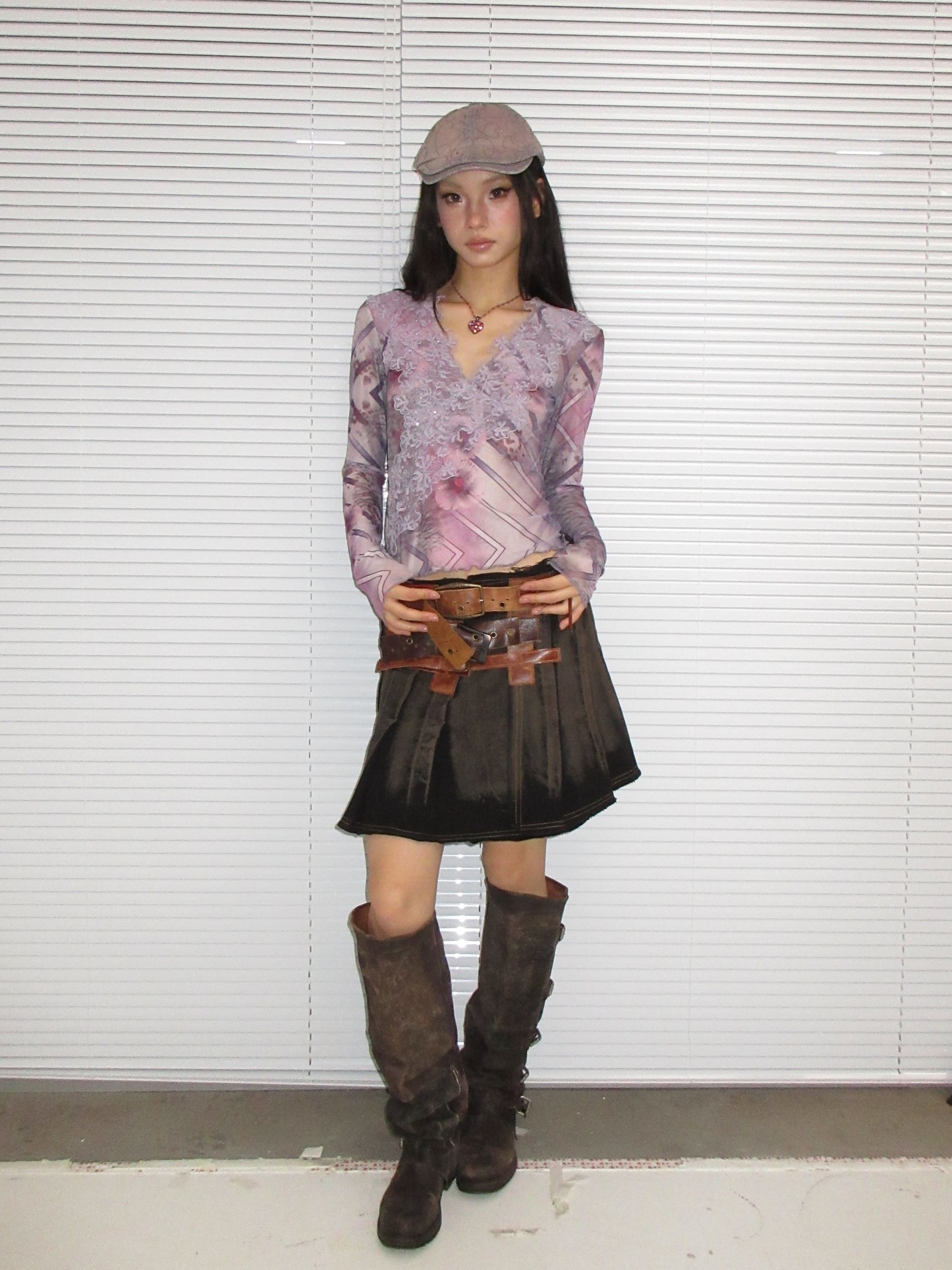 Embroidered Long-Sleeve Mesh Top with Lace-Patterned Print