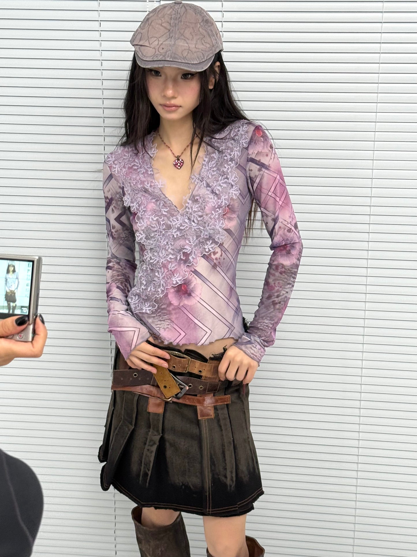 Embroidered Long-Sleeve Mesh Top with Lace-Patterned Print