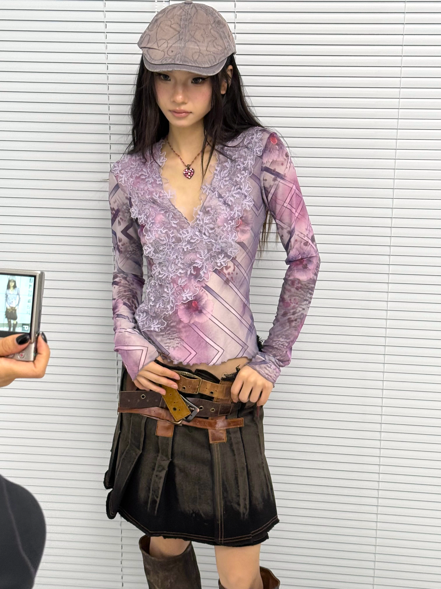Embroidered Long-Sleeve Mesh Top with Lace-Patterned Print