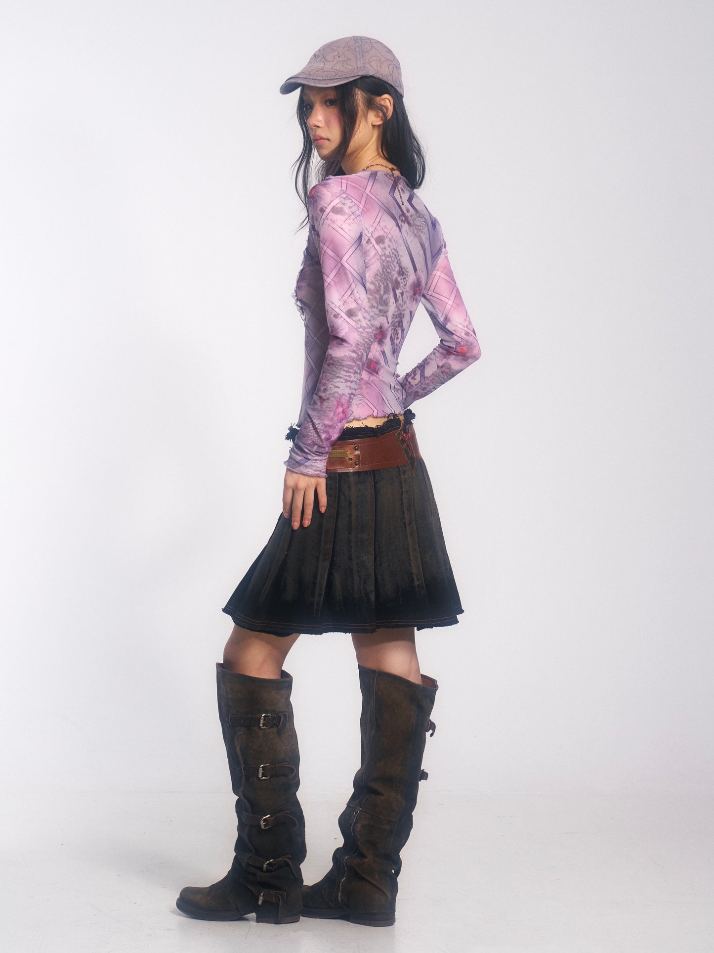 Embroidered Long-Sleeve Mesh Top with Lace-Patterned Print