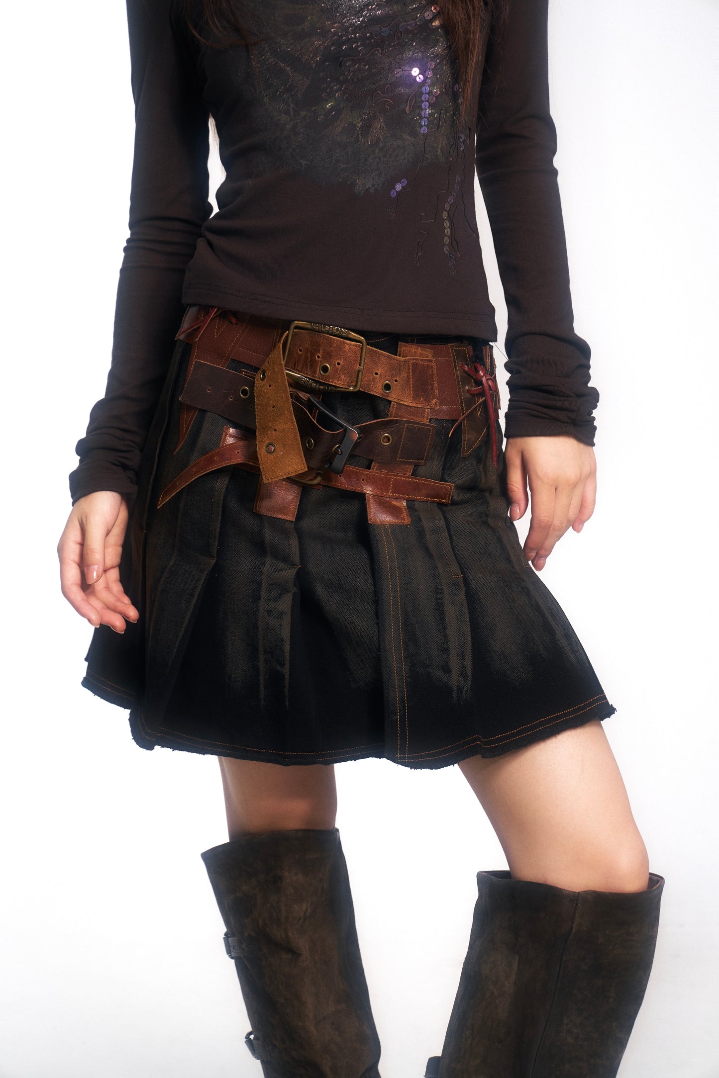Vintage Washed Denim Wrap Skirt with Genuine Leather Belt
