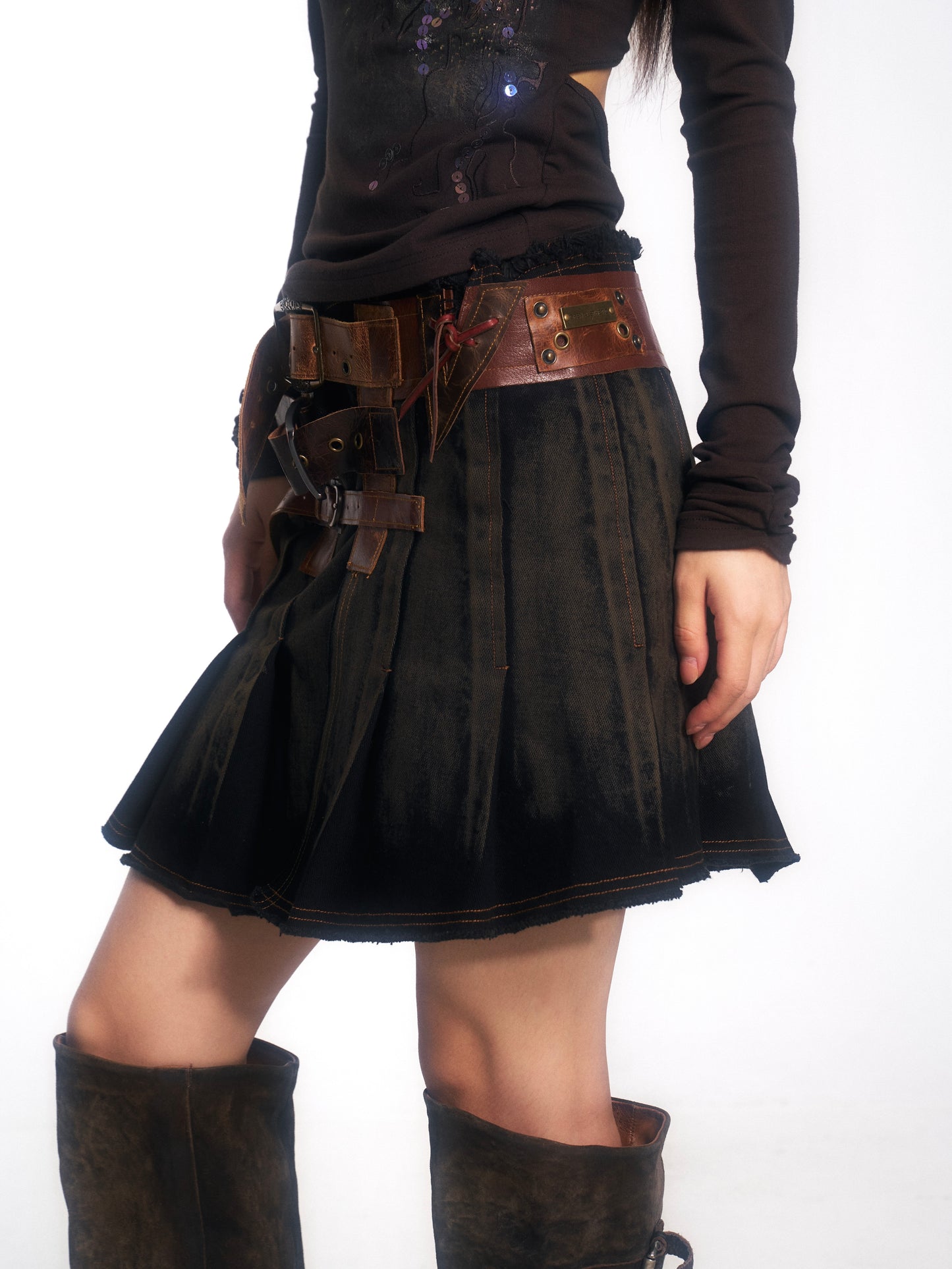 Vintage Washed Denim Wrap Skirt with Genuine Leather Belt