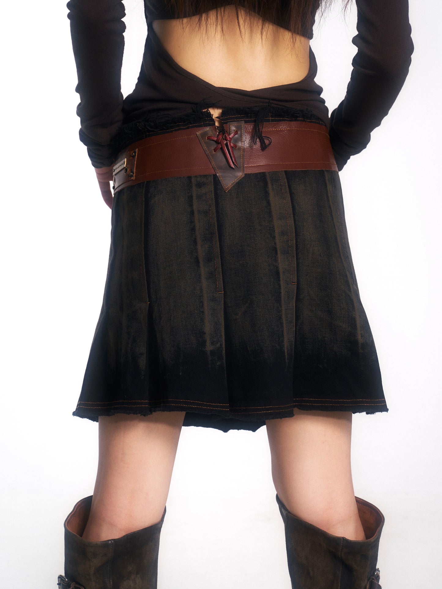 Vintage Washed Denim Wrap Skirt with Genuine Leather Belt