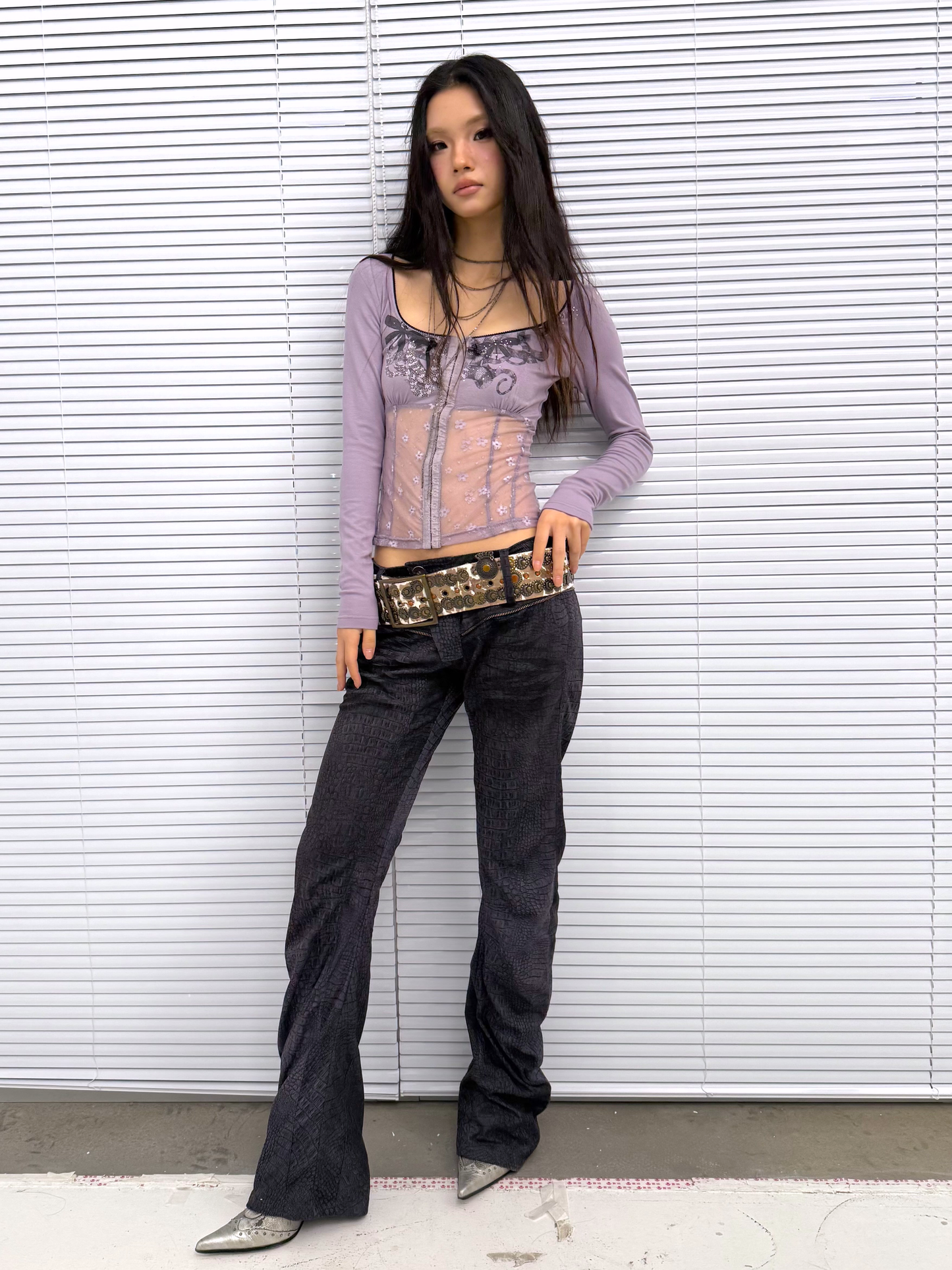 Printed Mesh & Knit Panel Long-Sleeve Top